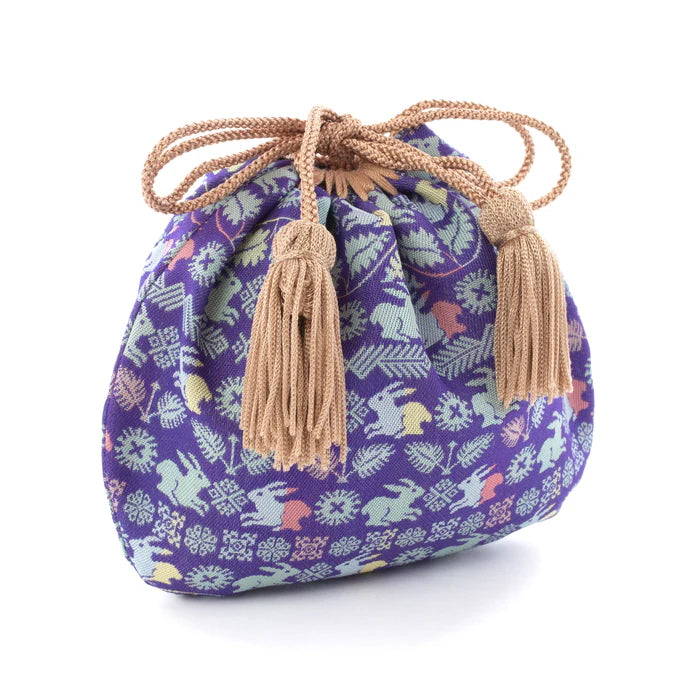 Handmade Kyoto Nishijin Silk Drawstring Pouch - Floral Rabbit & Lapis Lazuli Design | Japanese Traditional Craft Purse for Jewelry, Gifts & Special Occasions