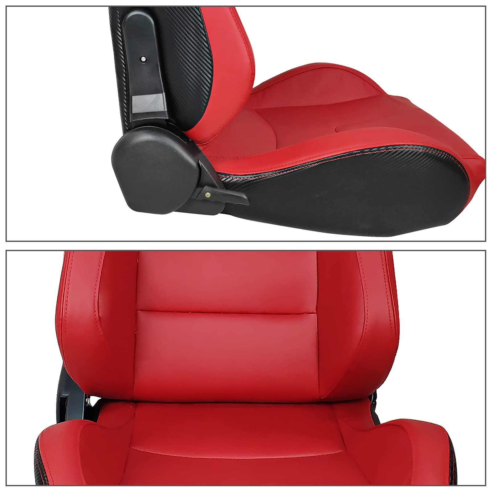 FREEMOTOR802 Universal Racing Seats - Reclinable Sport Car Seats with Dual Lock Sliders, Adjustable Bucket Seats for Driver & Passenger (1 Pair) - PU & Carbon Fiber Fabric in Red | Perfect for Track Racing, Drifting & Performance Car Upgrades