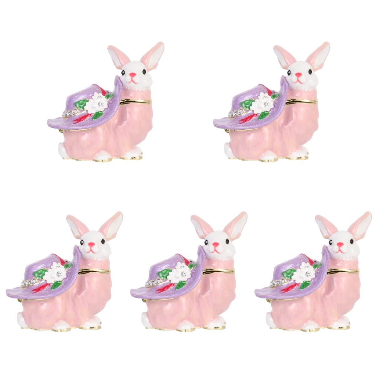 Hand-Painted Rabbit Enamel Trinket Box - 5pcs Hinged Jewelry Display Box with Figurine | Perfect for Jewelry Storage, Gift Giving & Home Decor