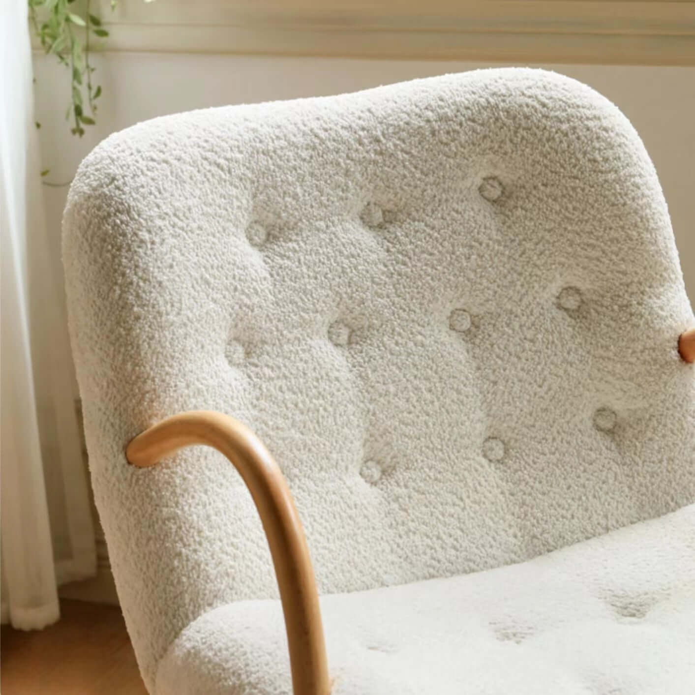 White & Green Boucle Sherpa Lounge Chair with Solid Wood Frame - Cozy Armchair for Living Room, Bedroom, or Office Reading Nook