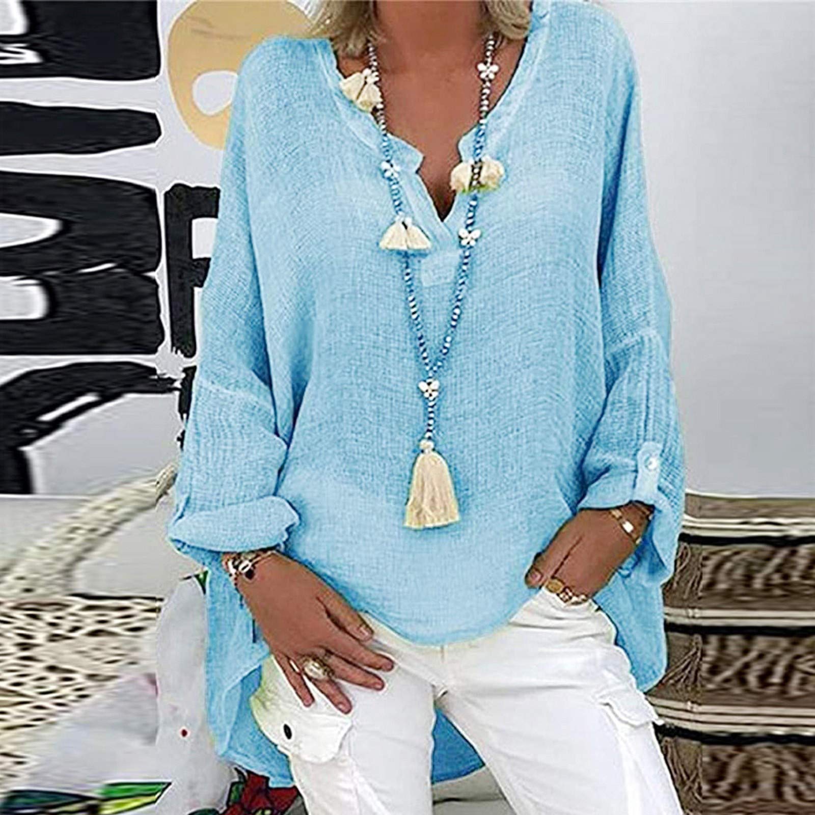 GIERIDUC Women's Long Sleeve Oversized T-Shirt - Side Slit Loose Casual V-Neck Tunic Top with Roll-Up Sleeves | Soft & Comfortable Blouse for Everyday Wear, Work, and Weekend Outings
