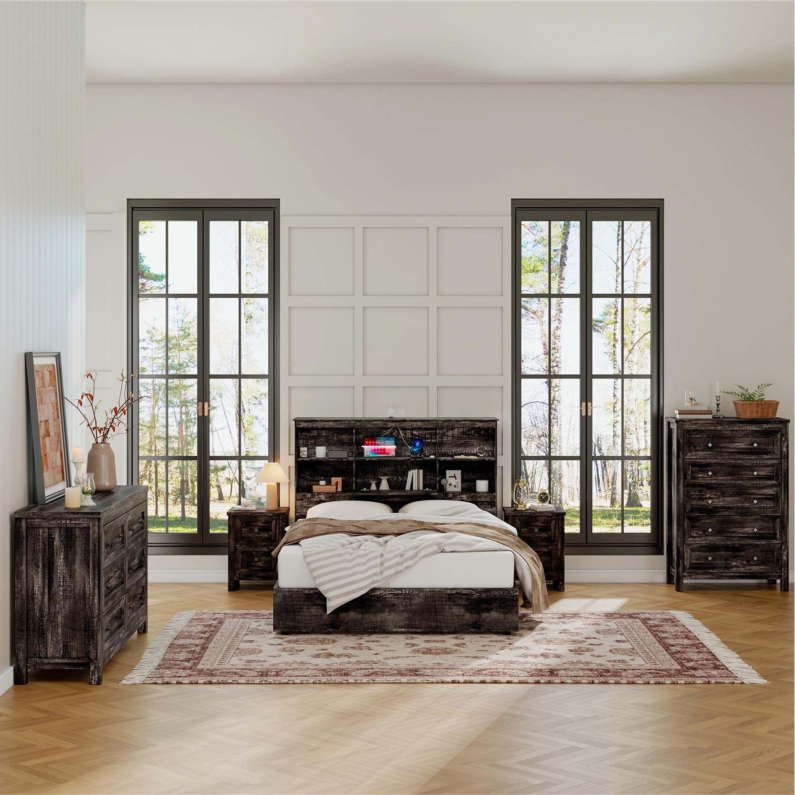 4-Piece Farmhouse Bedroom Furniture Set - Rustic Oak Wood Dresser (6-Drawer & 5-Drawer) with 2 Nightstands (Charging Station) - Dark Brown Farmhouse Style Bedroom Decor for Master Bedroom, Guest Room & Cozy Cabin Retreat