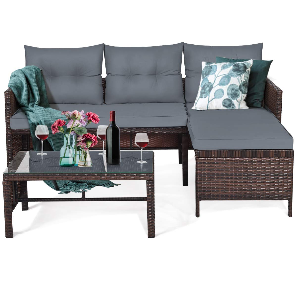 3-Piece Patio Conversation Set - Outdoor Rattan Wicker Sofa with Coffee Table & Cushions, Grey Corner Loveseat for Garden, Poolside, Backyard & Balcony Relaxation