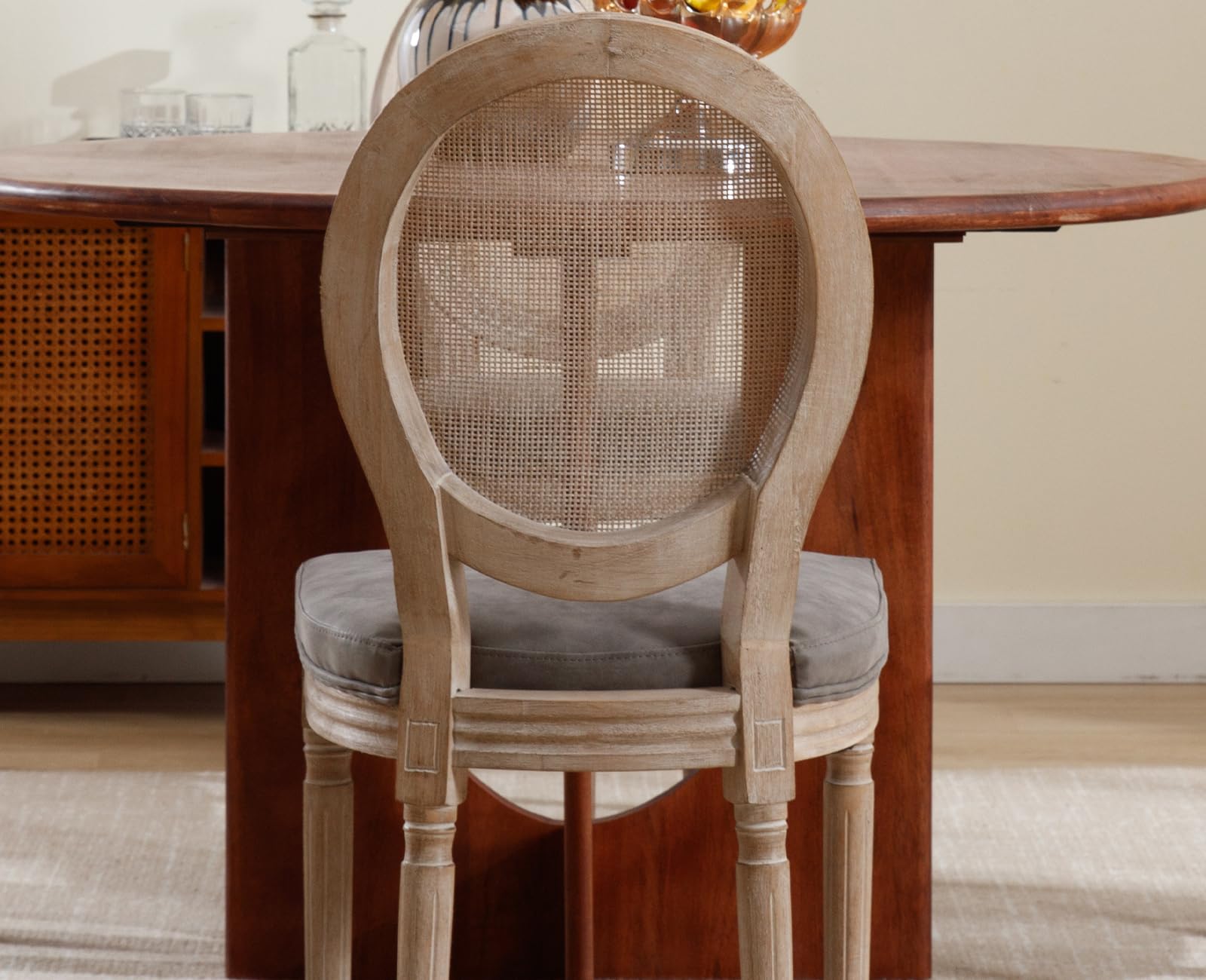 Farmhouse Rattan Dining Chairs Set of 2 - French Country Style Leather Upholstered Round Back Side Chairs for Kitchen, Restaurant, Dining Room & Living Room - Grey (2 Pieces) | Perfect for Rustic Home Decor, Indoor Dining & Cozy Gatherings