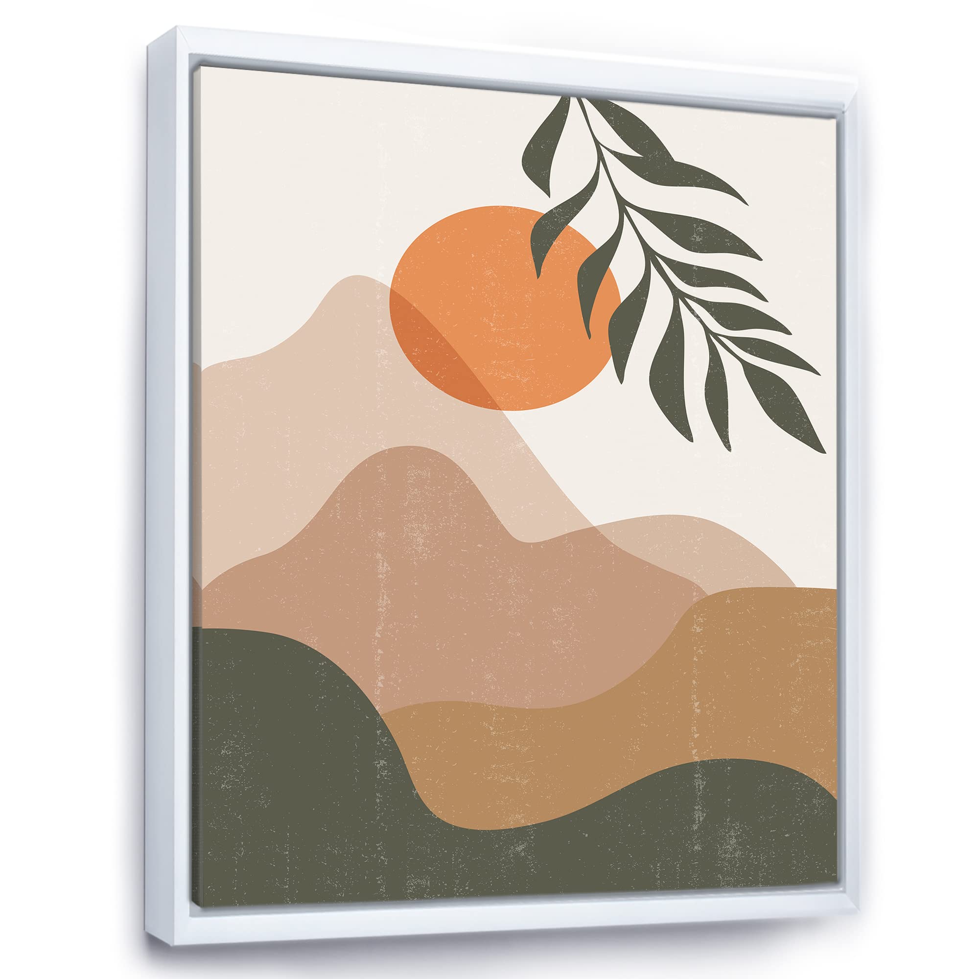 Abstract Red Moon in Earth Toned Mountains Framed Canvas Wall Art - Modern Home Decor for Living Room, Bedroom & Office