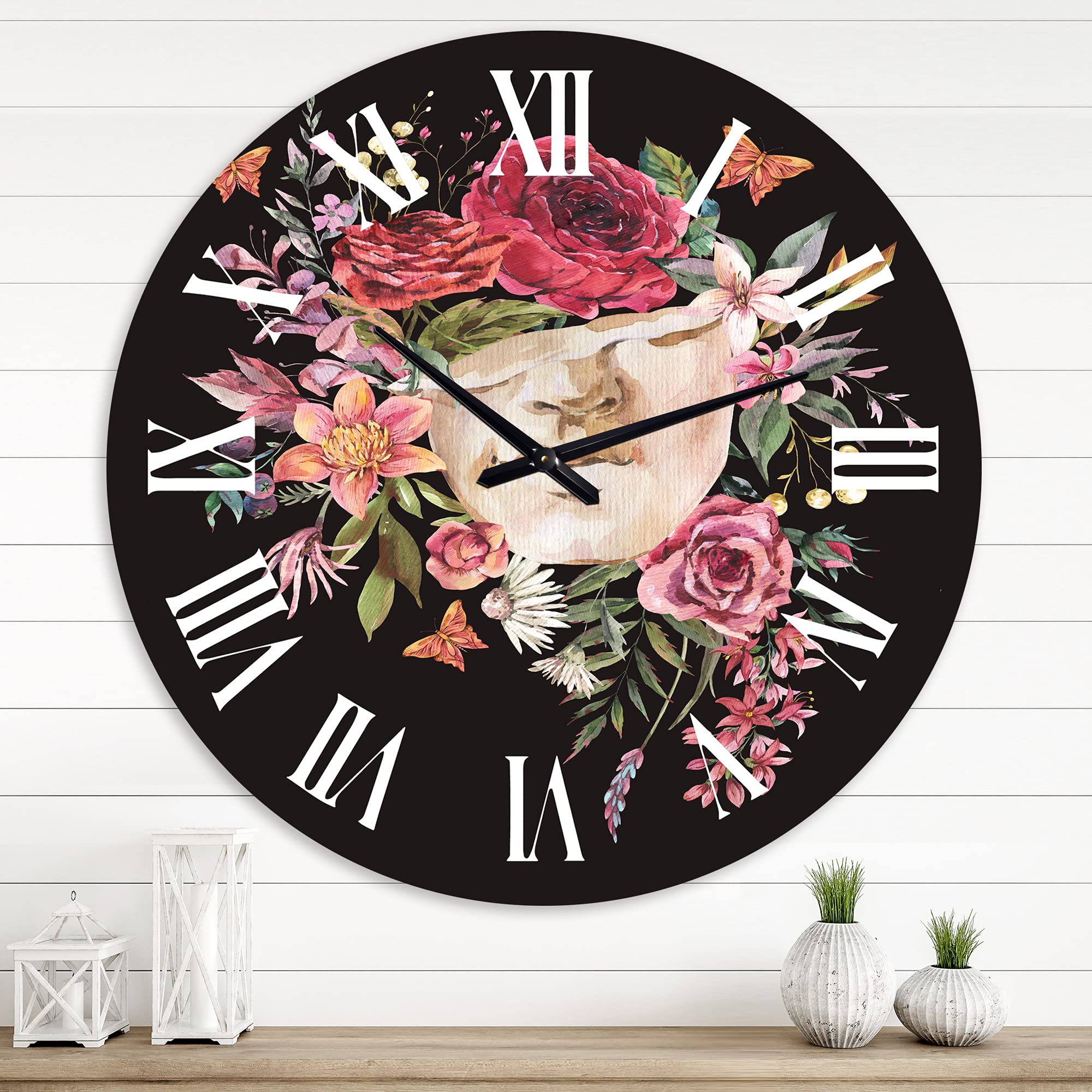 Vintage Greek Sculpture Wall Clock with Dry Flowers - Large Traditional Floral & Botanical Kitchen Decor Clock for Home, Office, and Living Room