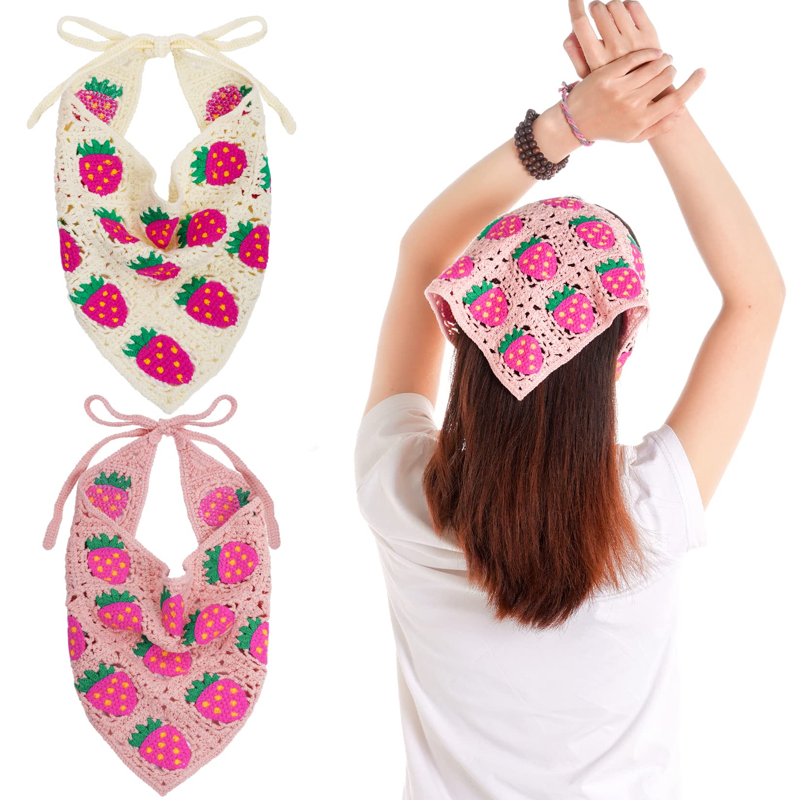 2Pcs Knitted Strawberry Crochet Bandanas Headbands for Women & Girls - Stylish Hair Accessories for Casual Wear, Summer Outfits & Fashion Decor (White, Pink)