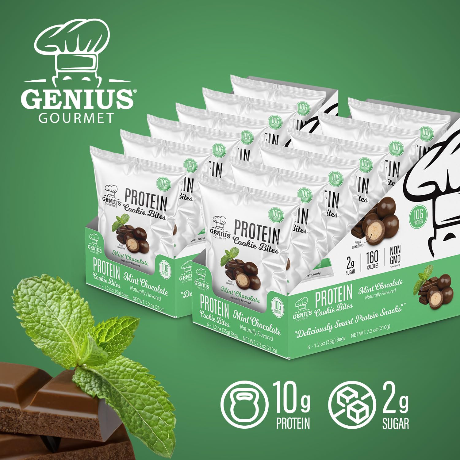 Genius Gourmet Protein Cookie Bites Mint Chocolate - 10g Protein, No Added Sugar, Low Carb, Non-GMO - Healthy Protein Desserts & Snacks for Adults & Kids - 12 Bags - Perfect for Post-Workout, School Lunch & On-the-Go Snacking