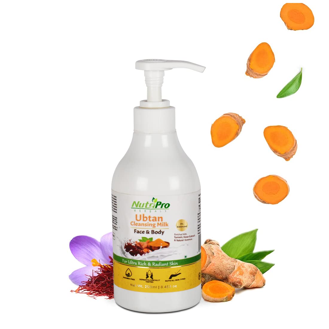 NutriPro Ubtan Cleansing Milk with Turmeric & Kesar Extract - Natural Makeup Remover & Skin Brightening Face Wash for Glowing Skin - Paraben & Silicone Free (250ml) | Perfect for Daily Cleansing & Post-Makeup Skincare Routine