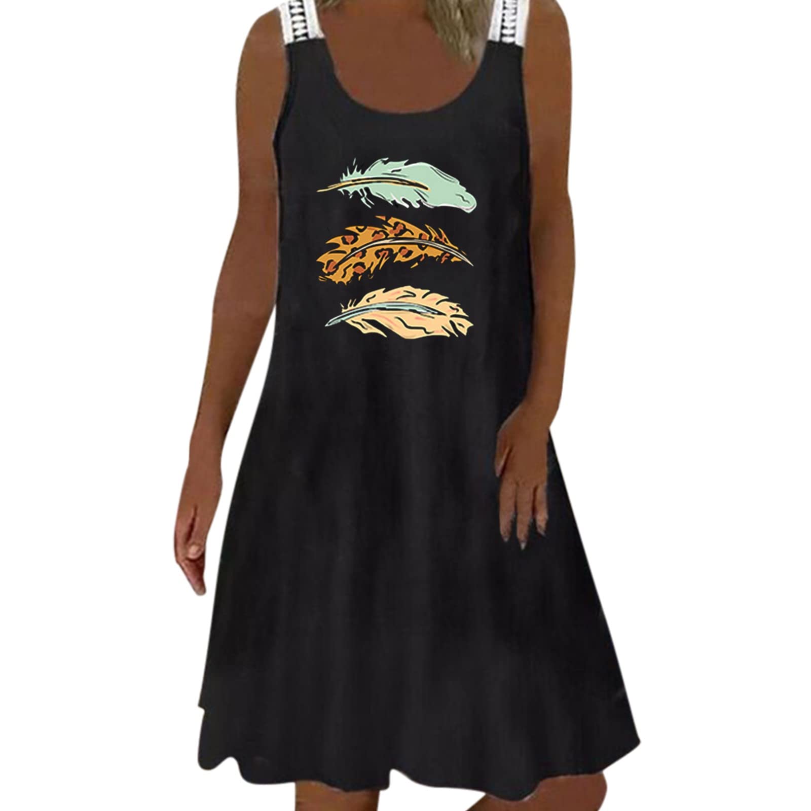 Women's Casual O-Neck Feather & Dandelion Print Vest Dress - Lace Sleeveless Sundress for Summer | Beachwear, Vacation Outfit, Party Dress