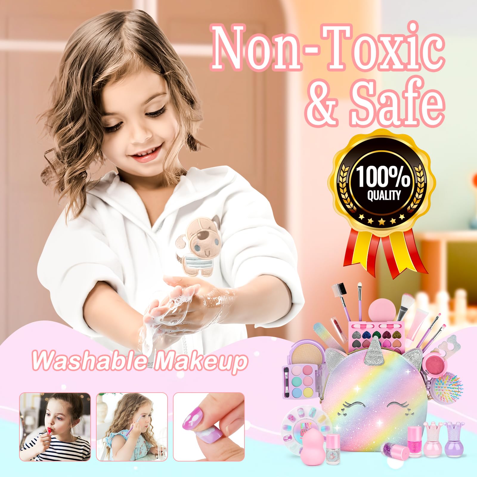Safe Non-Toxic Kids Makeup Kit with Nail Polish & Messenger Bag for Princess Playtime Ages 3+