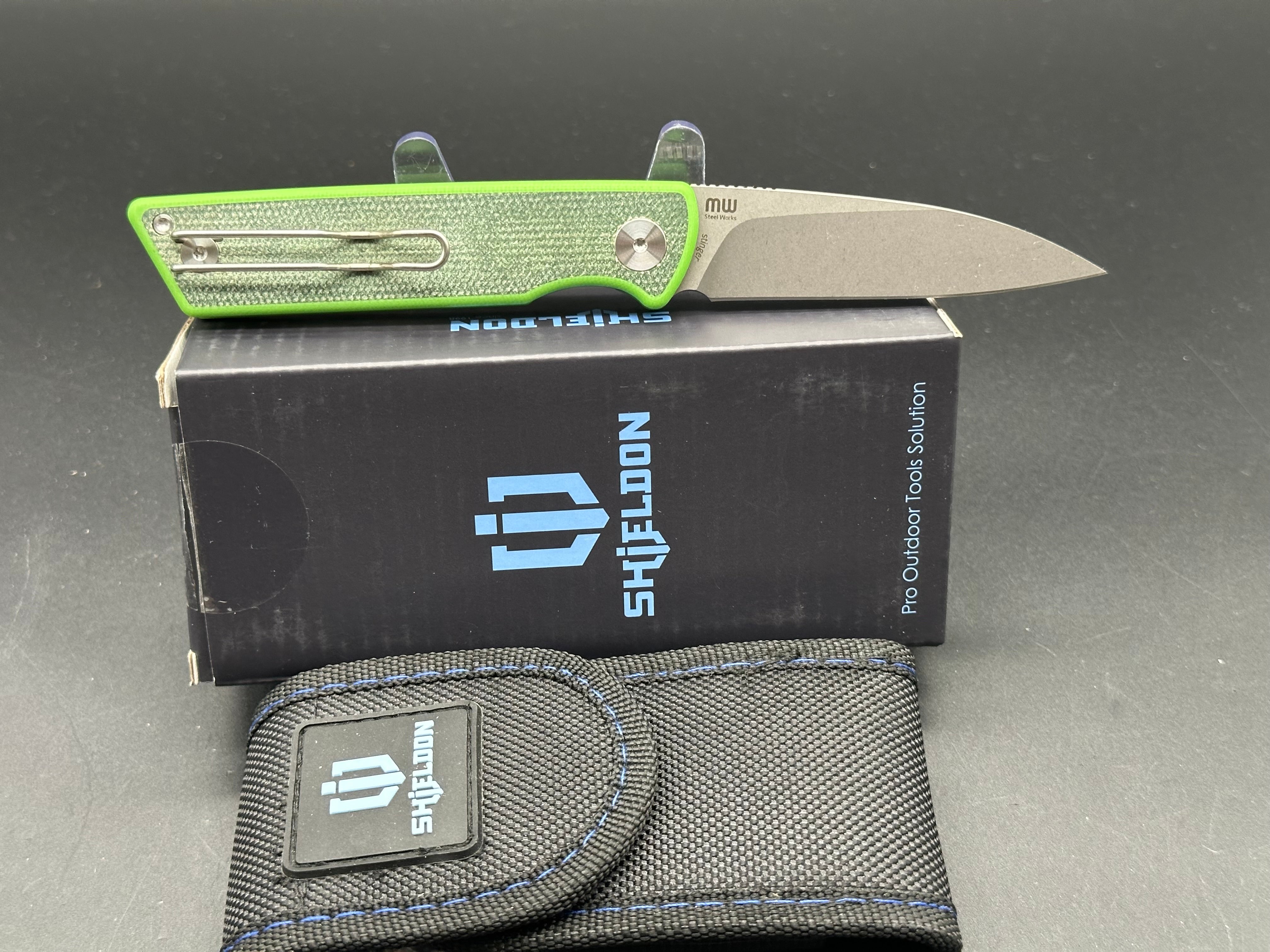 SHIELDON STINGER Folding Knife - Black Green Micarta/G10 Handle, 14C28N Stainless Steel Plain Edge Blade - EDC, Camping, Hunting & Outdoor Survival Tool