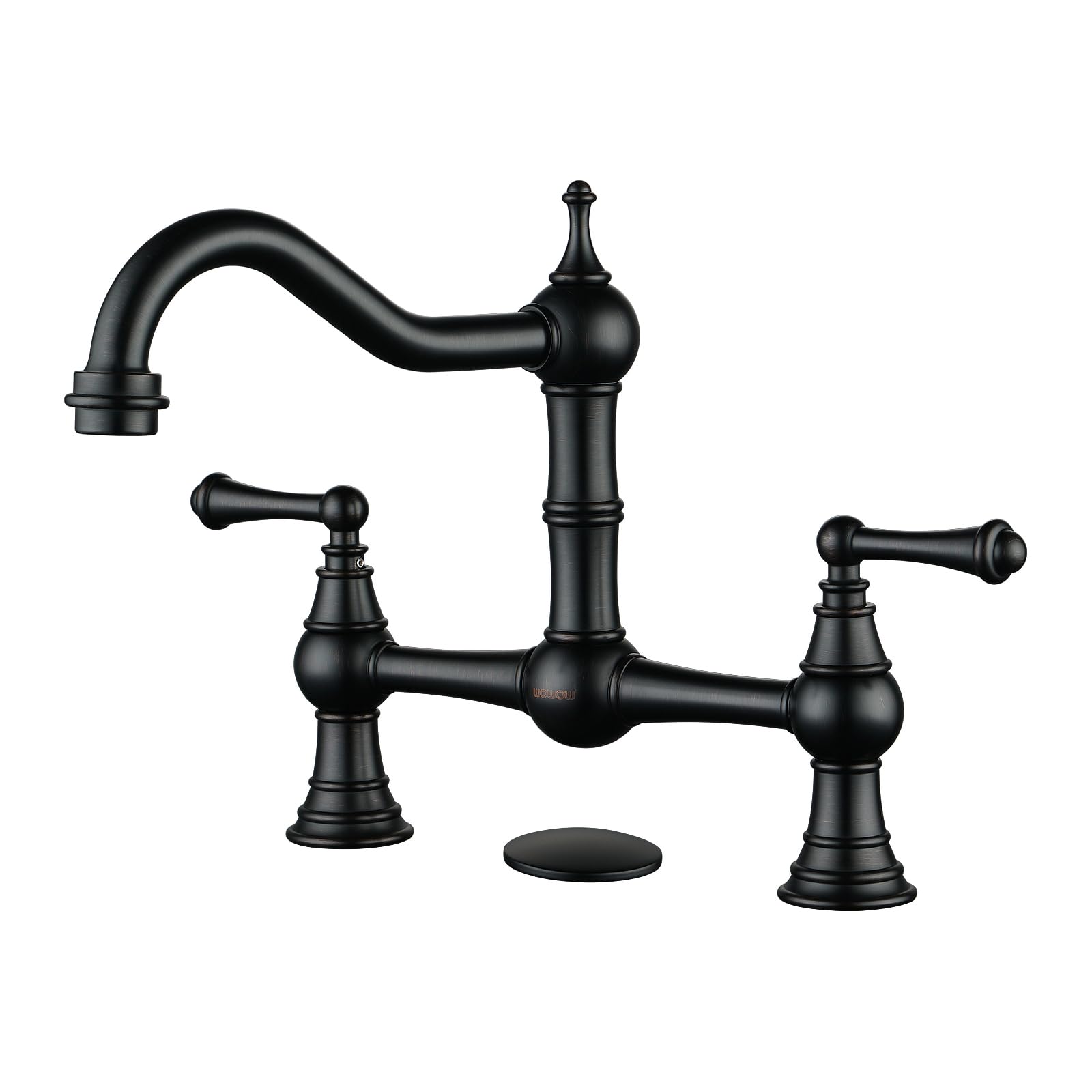 WOWOW Solid Brass Bridge Kitchen Faucet - Oil Rubbed Bronze Finish for 2 or 3 Hole Sinks | 8 Inch Centerset Victorian Farmhouse Design | Perfect for Rustic, Traditional & Modern Kitchens (Ideal for Cooking, Washing Dishes & Food Prep)