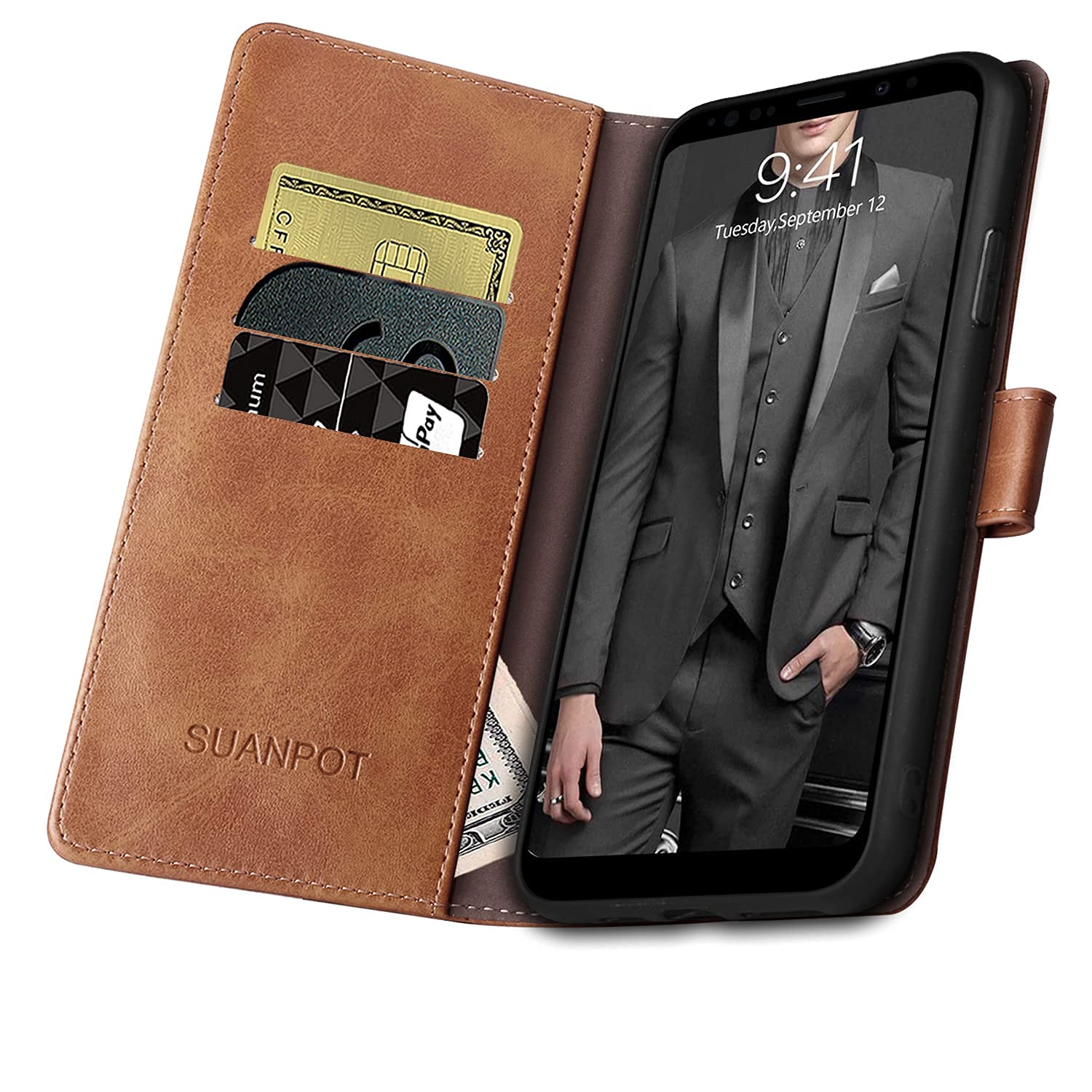 Samsung Galaxy S9 Wallet Case with RFID Blocking - Light Brown Leather Cover for Daily Use