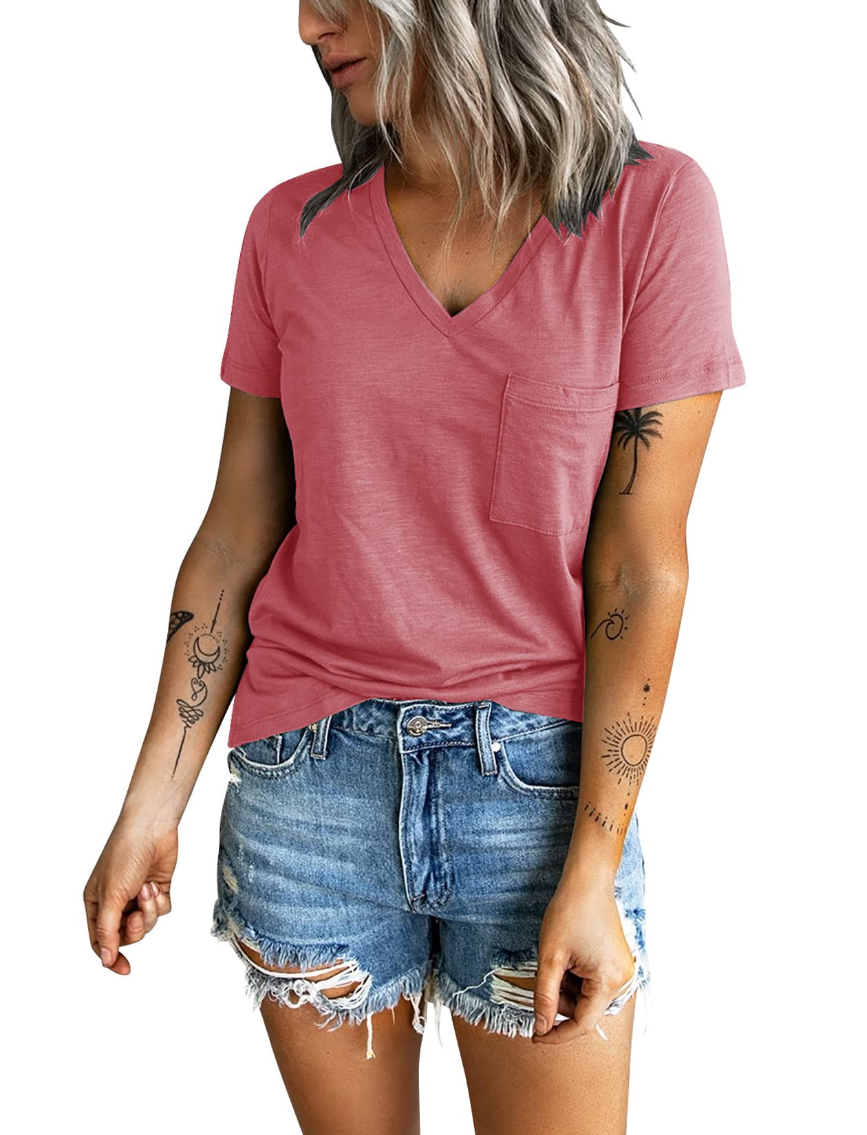 Sunborui Women's Summer Short Sleeve V-Neck T-Shirt with Pocket - Soft Cotton Casual Loose Fit Tee for Everyday Wear, Outings & Travel