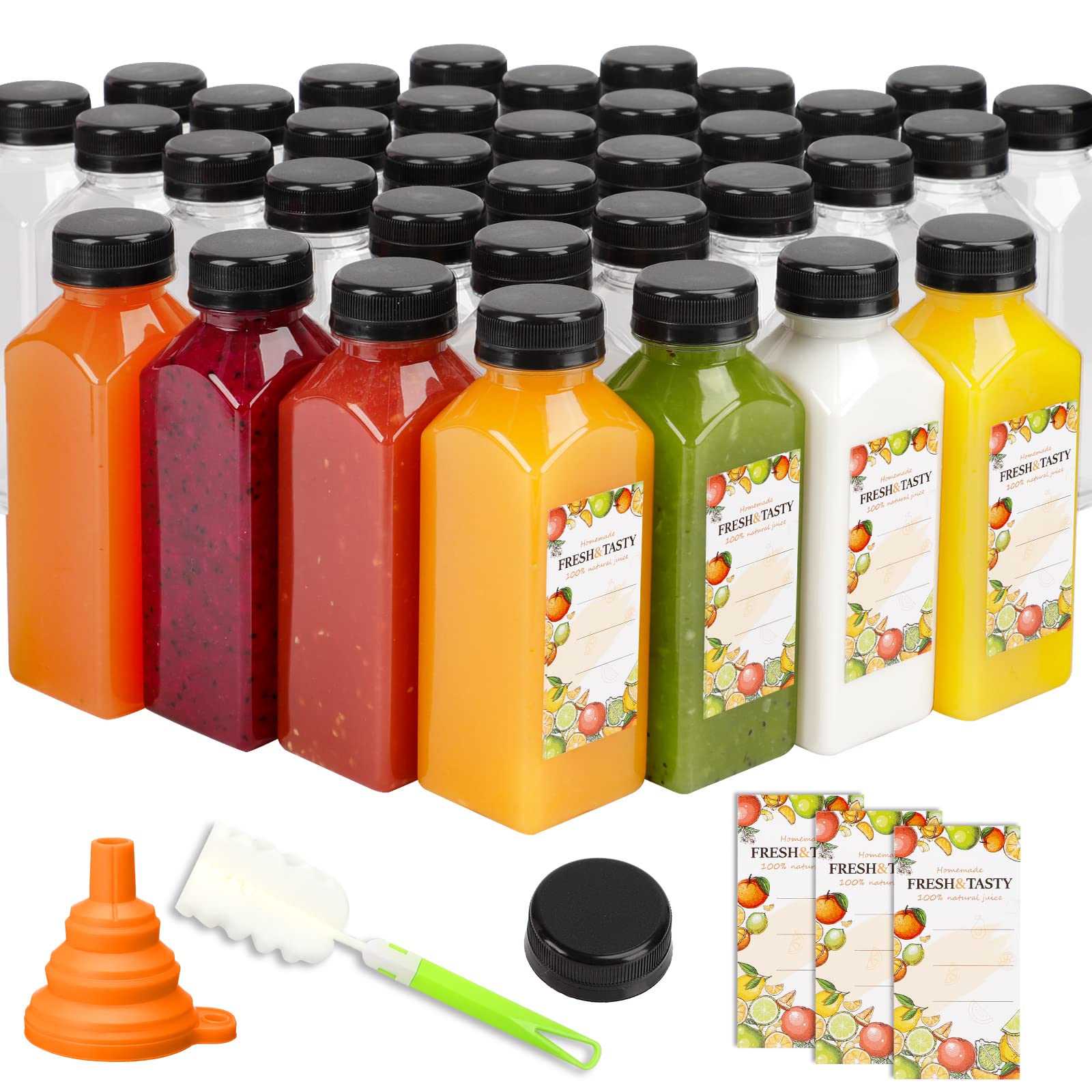 TOMNK 35-Pack 12oz Clear Plastic Juice Bottles with Lids - Reusable Beverage Containers for Juicing, Smoothies, Tea & DIY Drinks - Includes Labels, Funnel & Cleaning Brush (Bulk Pack for Home & Commercial Use)