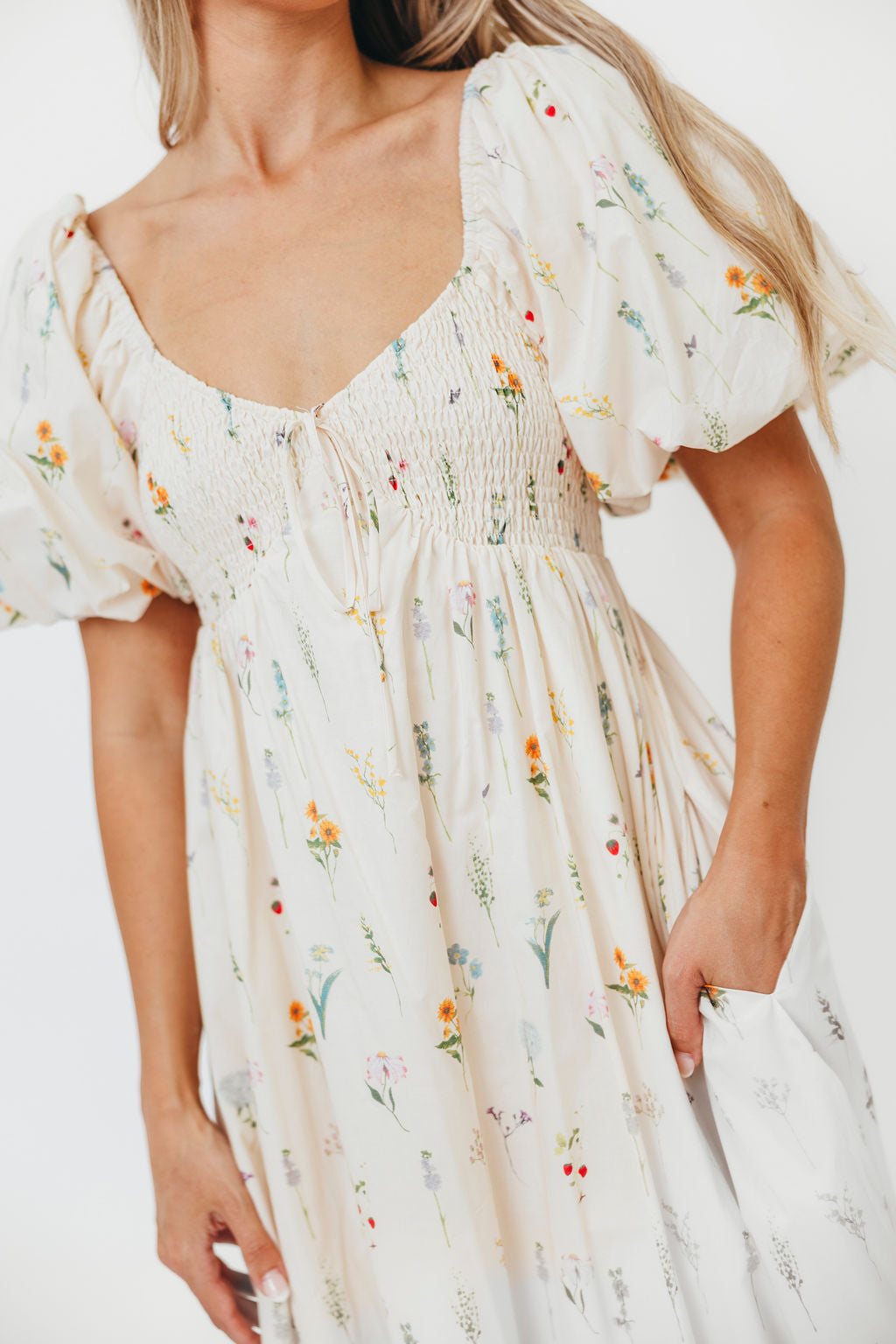 Magnolia Smocked Floral Midi Dress with Adjustable Tie - Perfect for Spring Weddings, Garden Parties & Summer Vacations