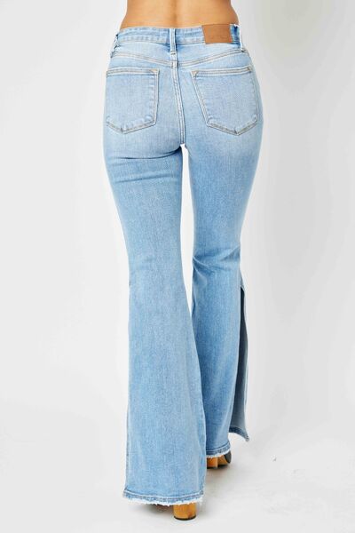 Judy Blue Women's Full Size Mid Rise Raw Hem Slit Flare Jeans - Comfortable Stretch Denim Pants for Casual Wear & Everyday Outfits