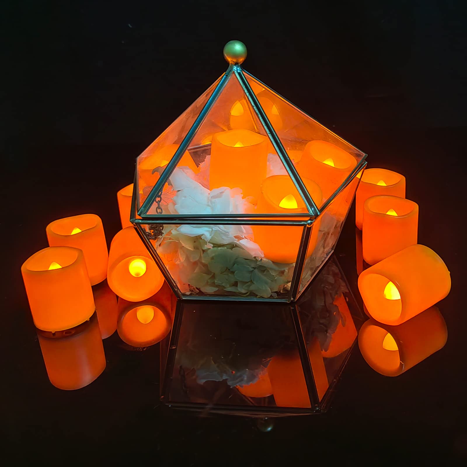 24 Pack Flameless LED Votive Candles - Battery Operated Flickering Tea Lights in Warm Orange Glow - Perfect for Halloween, Weddings, Christmas, Valentine's Day & Home Decor - Safe for Indoor/Outdoor Party, Table Centerpiece & Garden Decoration