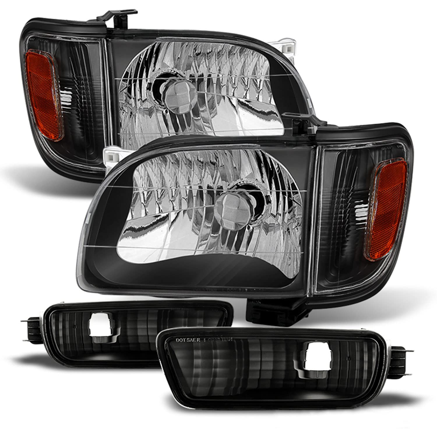 AKKON Black Headlights + Corner Lights + Signal Lights + Bumper Lamps + Smoked Tail Lights Pair for 2001-2004 Toyota Tacoma Pickup - Upgrade Your Truck's Style & Night Visibility (Perfect for Off-Roading, Night Driving & Custom Builds)
