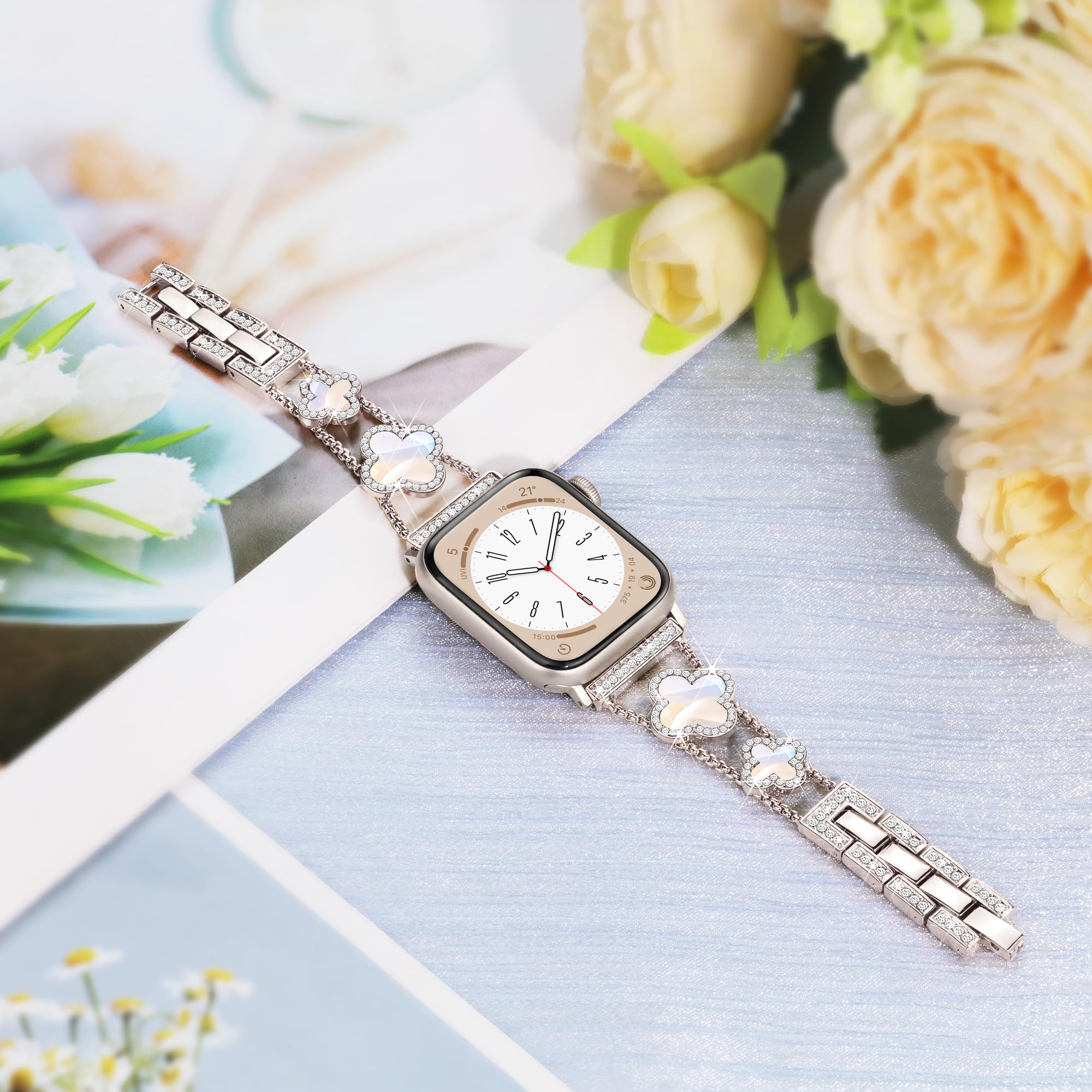 Wipalor Four-Leaf Clover Apple Watch Band 42mm 41mm 40mm 38mm - Lightweight Adjustable Bracelet for Women, Shiny Diamond Jewelry Metal Strap Compatible with iWatch Series 10/9/8/7/6/5/4/3/SE (Starlight) - Perfect for Work, Parties & Everyday Wear