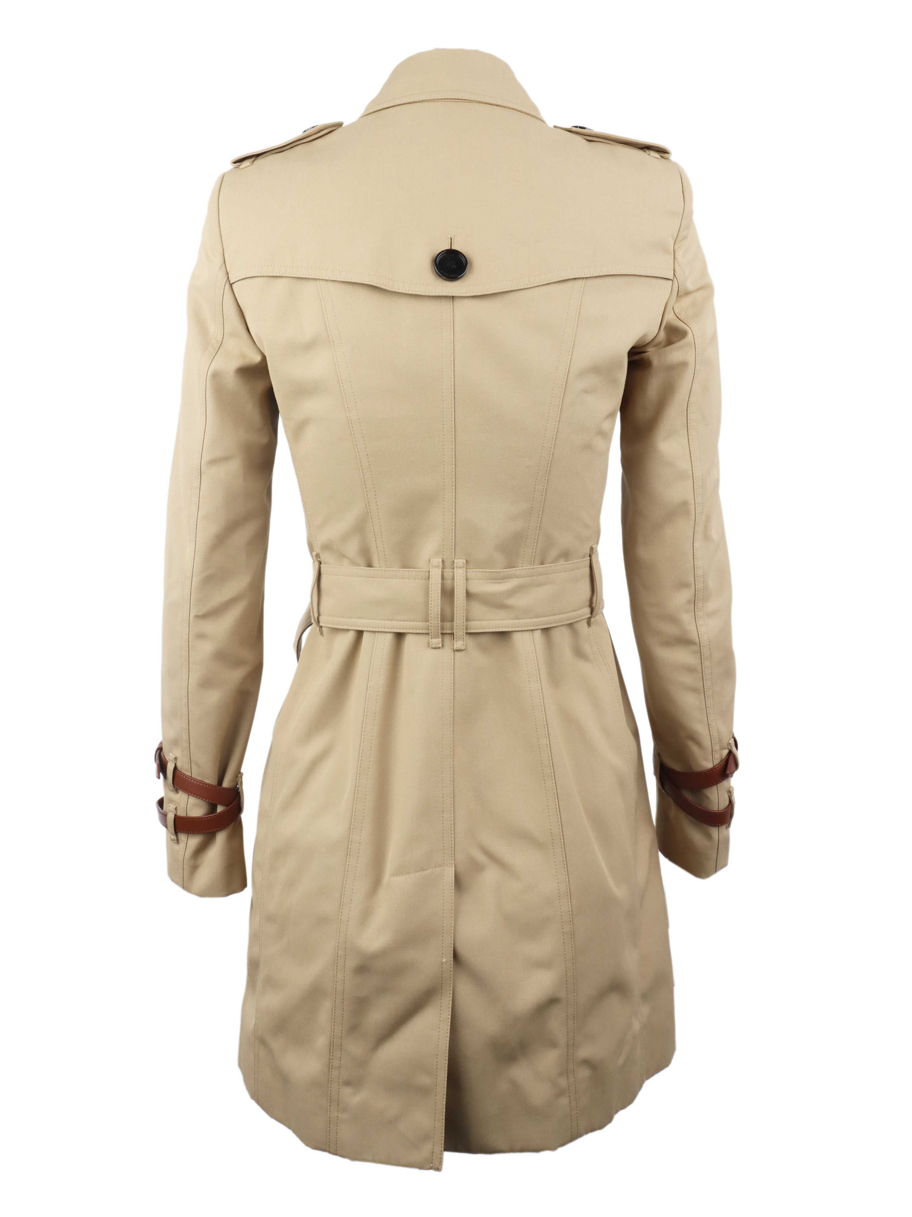 Burberry Tan Trench Coat with Leather Sleeve Straps - Classic Waterproof Raincoat for Women | Perfect for Office, Travel & Formal Occasions