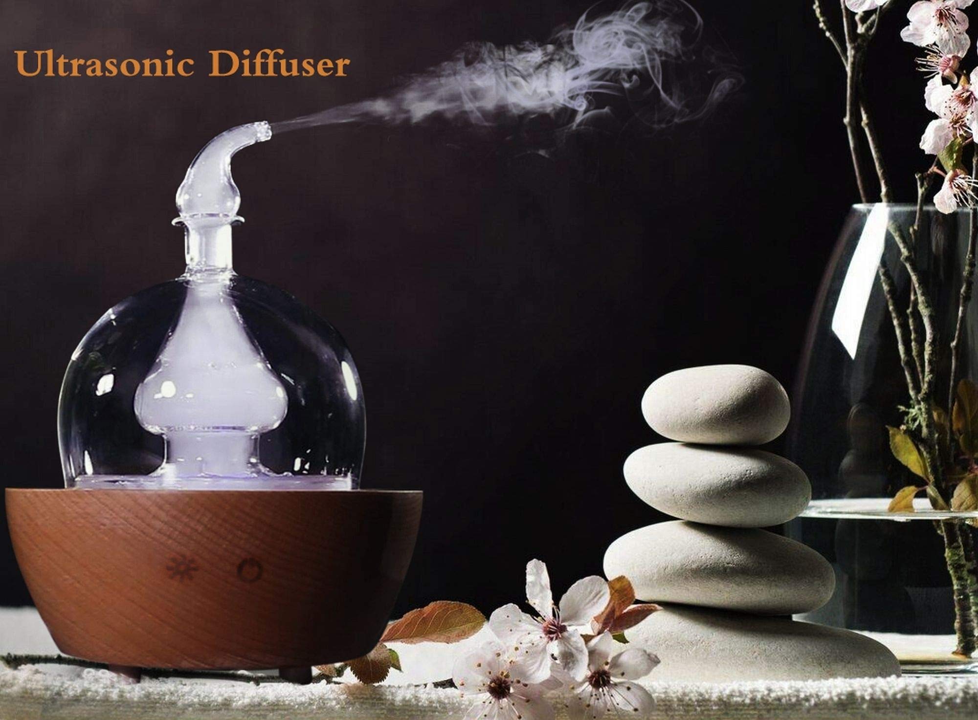 Wood & Hand Blown Glass Aroma Essential Oil Diffuser - Ultrasonic Aromatherapy Nebulizer with Touch Button, Timer & 7-Color LED Lights for Home, Office, Spa & Yoga Relaxation