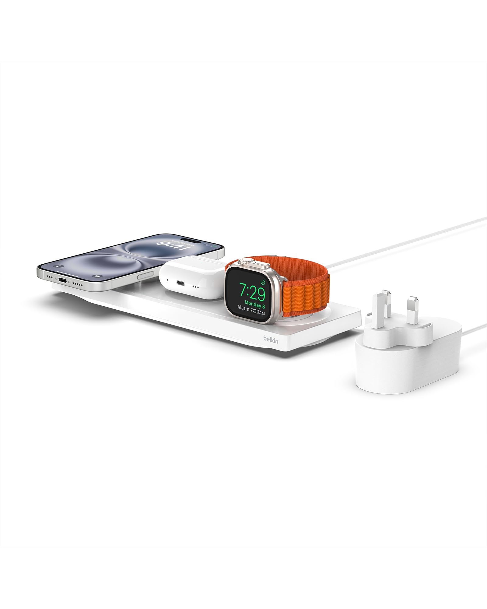 Belkin 3-in-1 MagSafe Wireless Charging Station - MFi Certified Fast Charger for iPhone 16/15/14/13/12 Series, Apple Watch 10/9/8/7/SE/Ultra, AirPods Pro/2/3 - Compact Travel Charging Pad for Home, Office & Nightstand Use