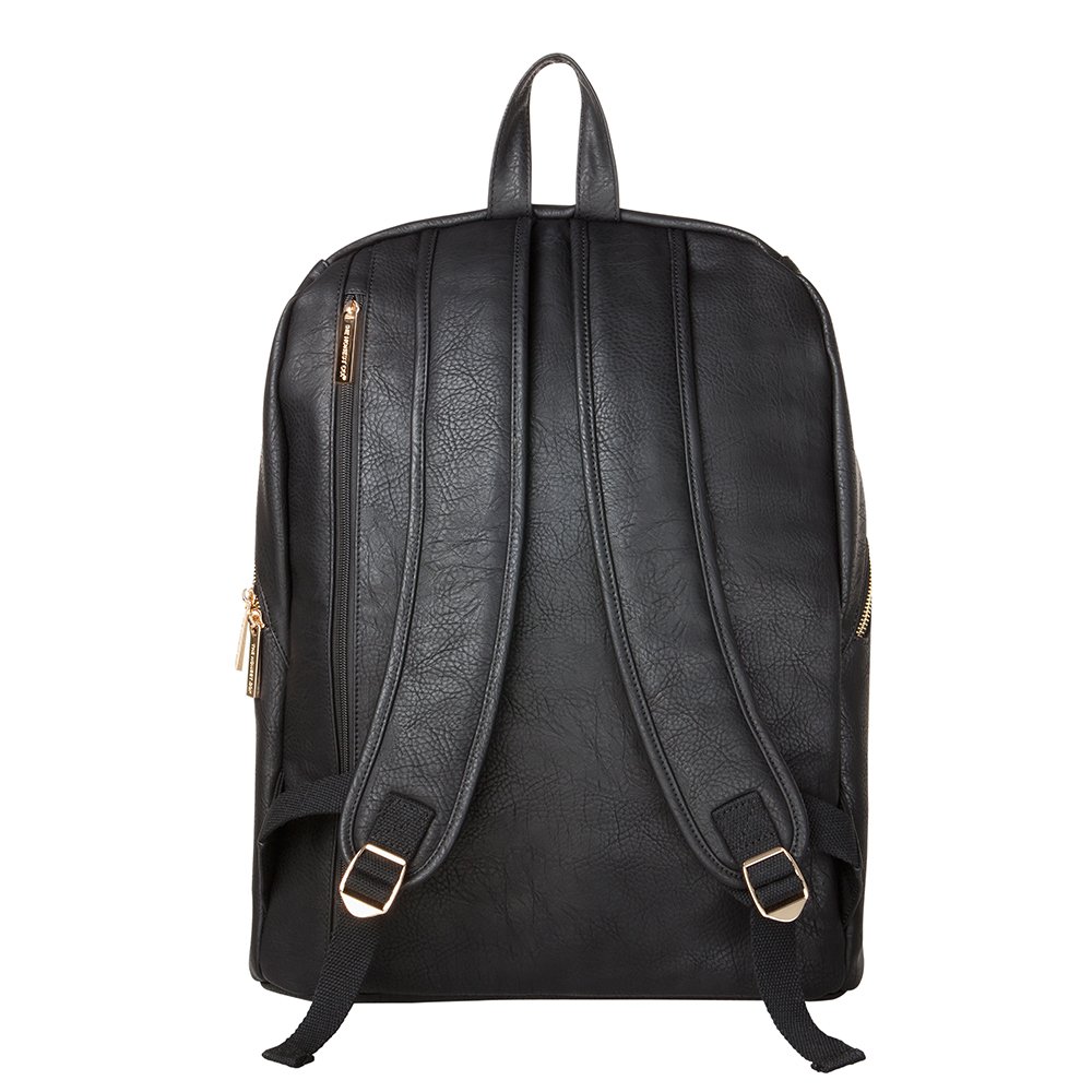 The Honest Company Vegan Leather City Backpack - Stylish Diaper Bag with Detachable Changing Pad | Black Eco-Friendly Leather with Gold Accents | PVC-Free Lining (16