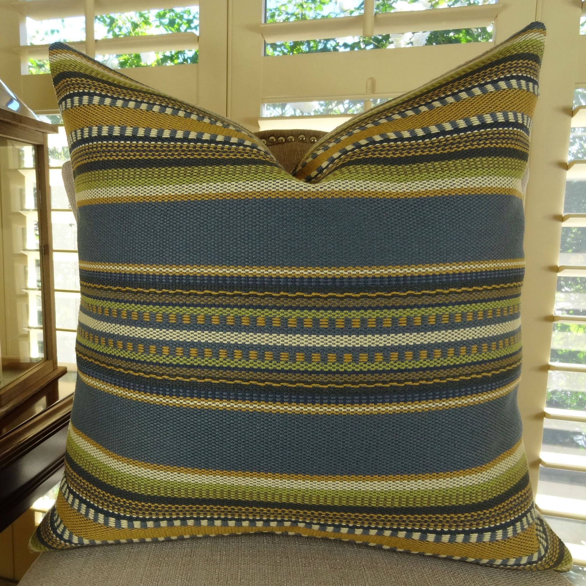 Handmade Designer Decorative Stripe Pillow - Blue Green Tan Cream & Indigo Blue Stripes - Chic Couch Pillow for Living Room, Bedroom, or Nursery Decor | Made in USA