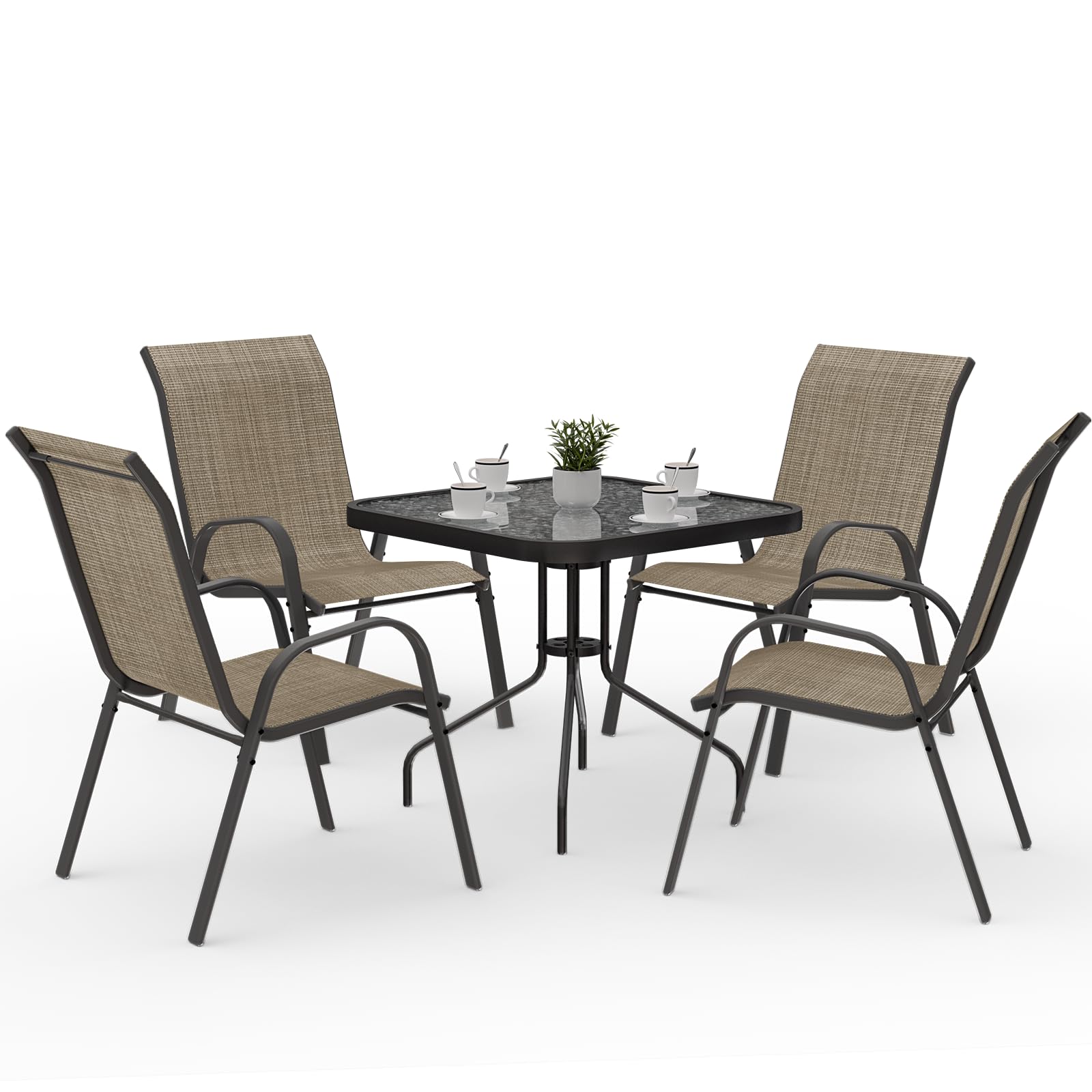 Amopatio 5-Piece Outdoor Dining Set with Textured Glass Tabletop & 4 Stackable Chairs - Patio Furniture for Balcony, Porch, Lawn (Brown) | Perfect for Backyard BBQs, Garden Parties & Outdoor Entertaining