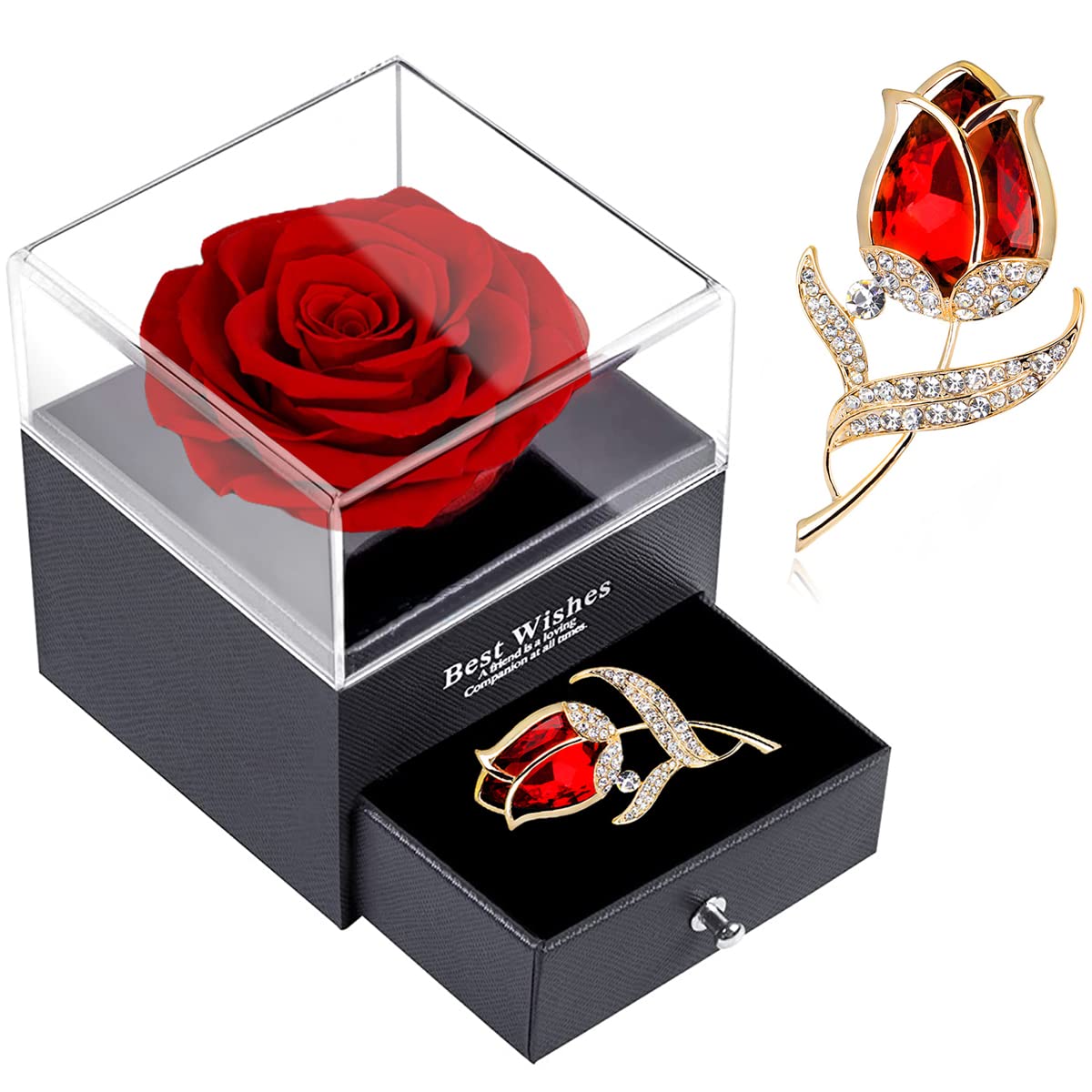 Enchanted Real Ruby Rose Brooch Gift Box - Handmade Eternal Preserved Red Rose in Jewelry Box for Christmas, Mother's Day & Anniversary - Perfect Romantic Gift for Her, Wedding Proposal, Valentine's Day & Special Occasions
