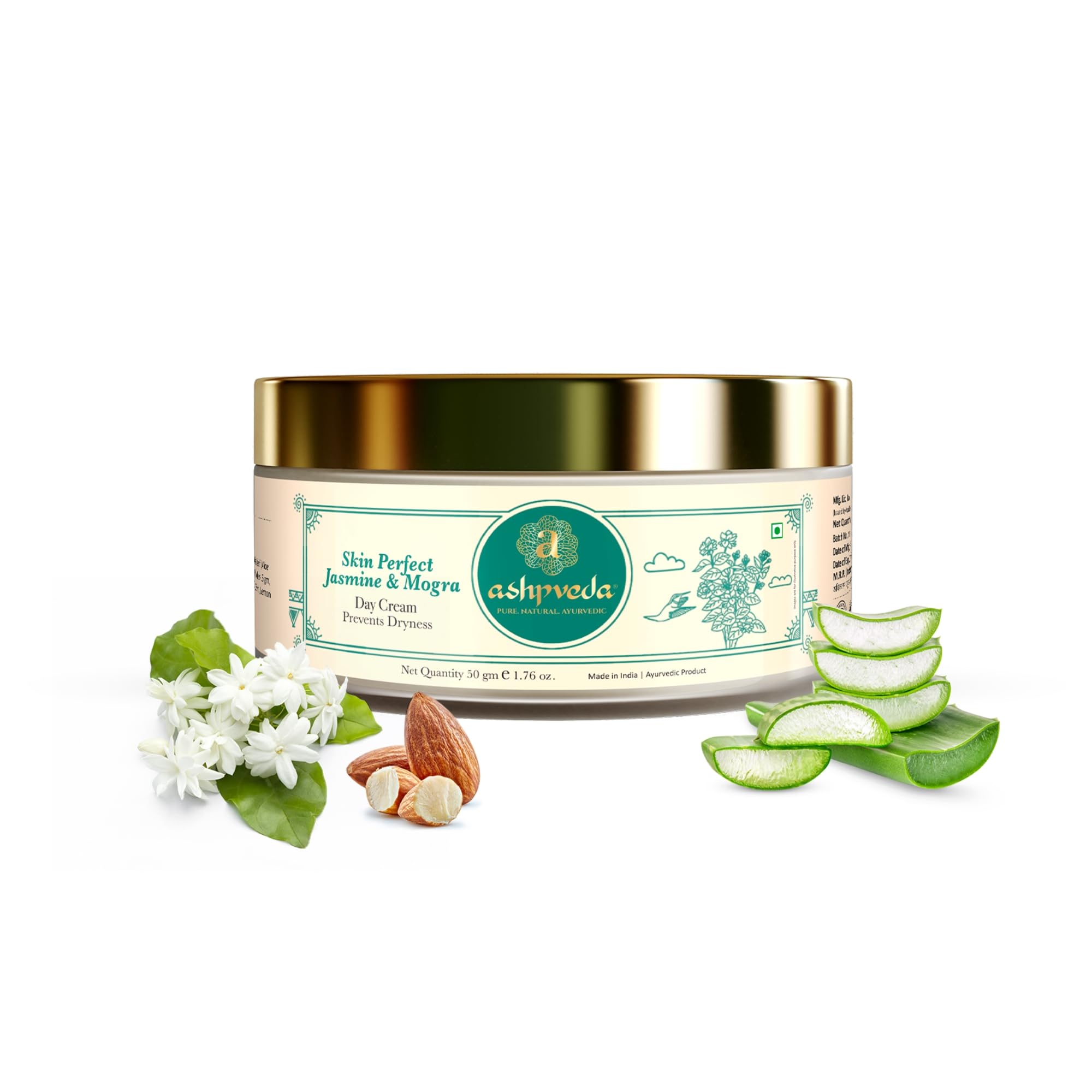 **Ashpveda Ayurvedic Skin Perfect Jasmine & Mogra Day Cream – Natural UVA/UVB Sun Protection, Chemical-Free SPF Cream for Women & Men (50g) | Daily Moisturizer for Glowing Skin**