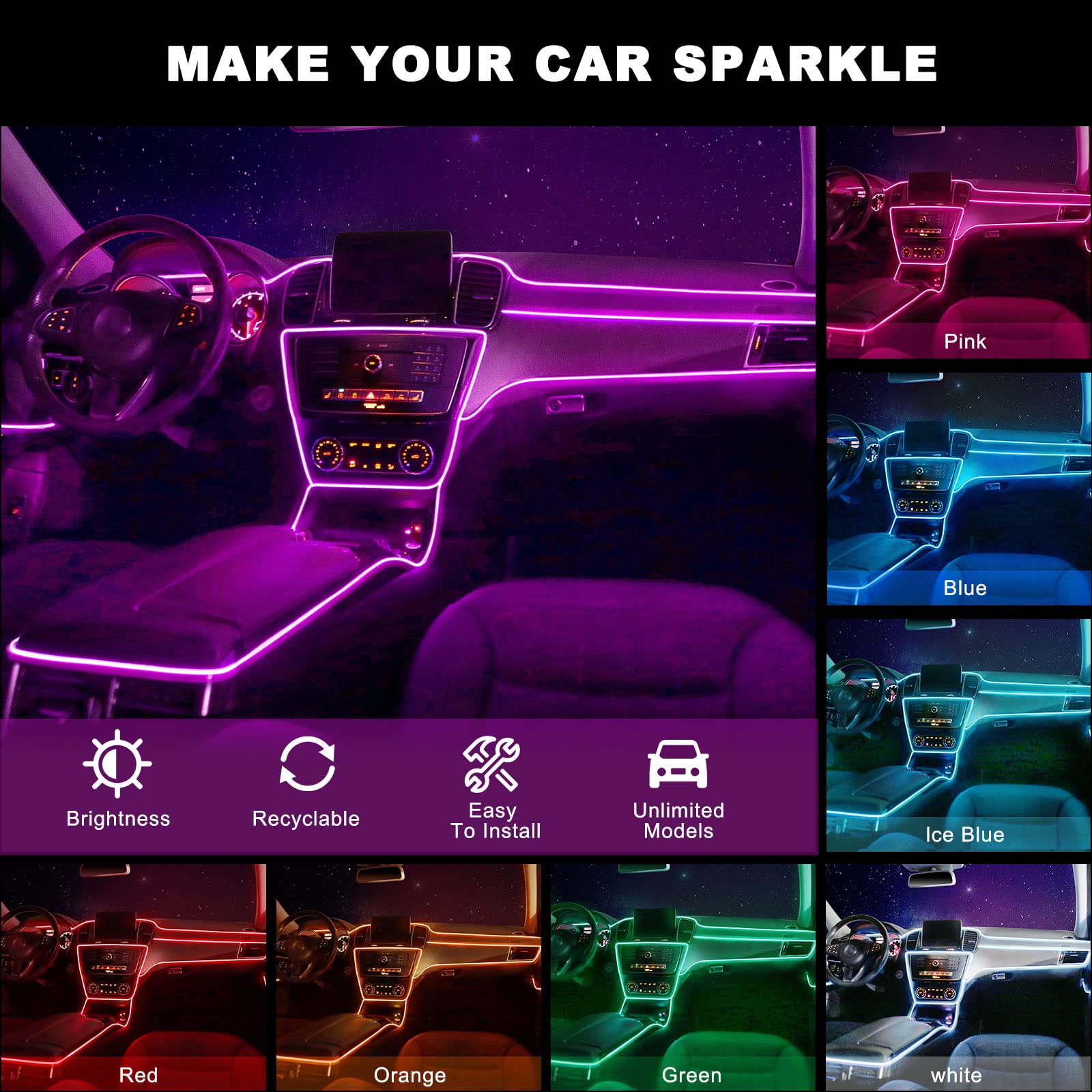 EL Wire Car LED Interior Strip Light - 197 Inch USB Neon Wire with 6mm Sewing Edge | 5M/16.5FT Orange Electroluminescent (EL) Wire for Car Decor & Ambient Lighting | Perfect for Car Interior, Bedroom, Party & DIY Projects