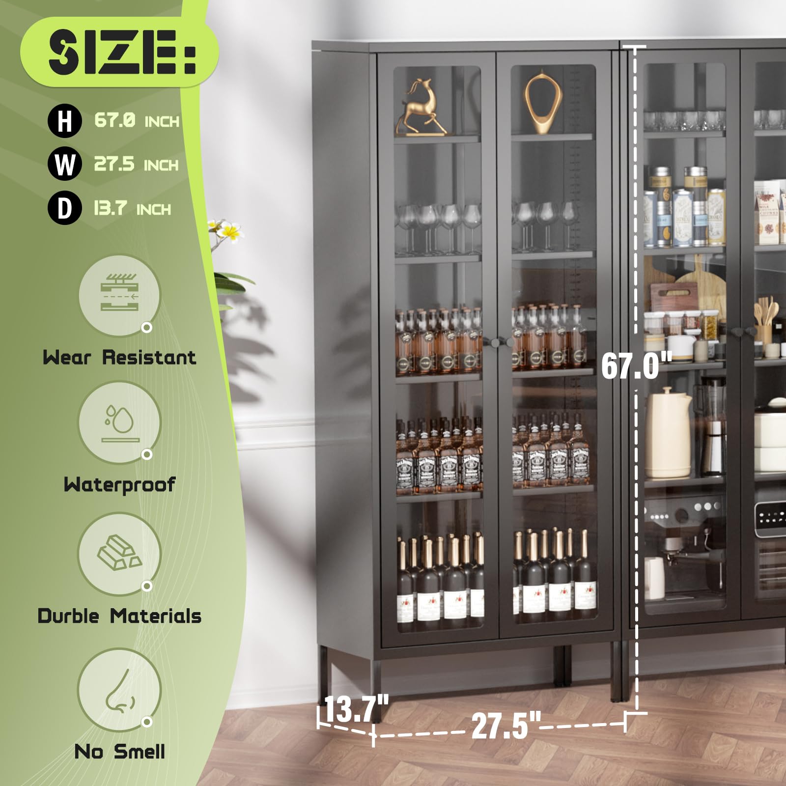 Betterland Black Metal Storage Cabinet with 2 Glass Doors & 4 Shelves - Lockable Curio Display Cabinet for Home, Pantry, Kitchen - Perfect for Showcasing Collectibles, Storing Spices, or Organizing Kitchen Supplies