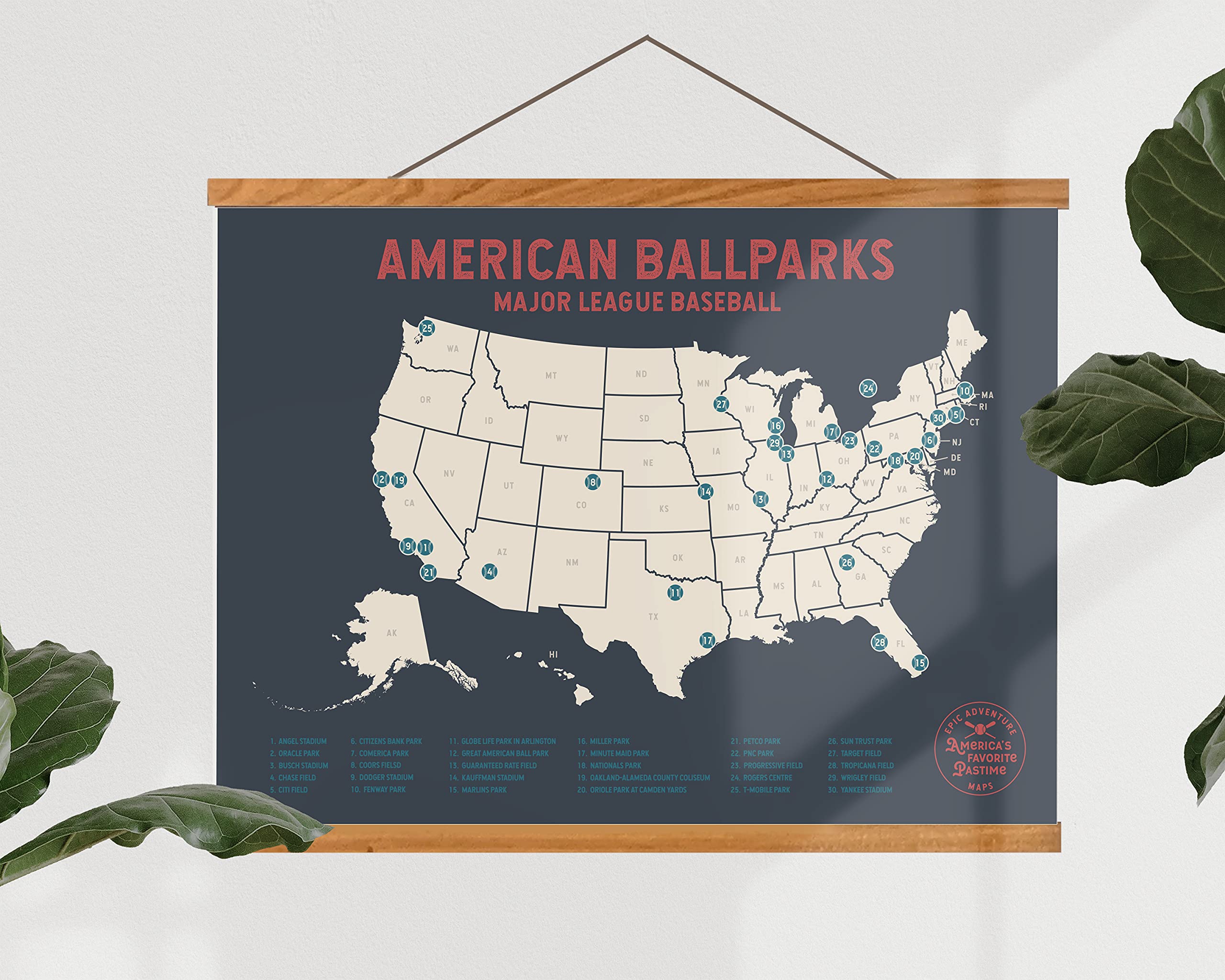 MLB Baseball Poster with Magnetic Frame - Pushpin Travel Map for MLB Stadiums - Perfect Baseball Gift for Dad & Sports Fans - Home & Office Sports Decor - Includes Pushpins - Great for Man Cave, Game Room & Baseball Memorabilia Collection