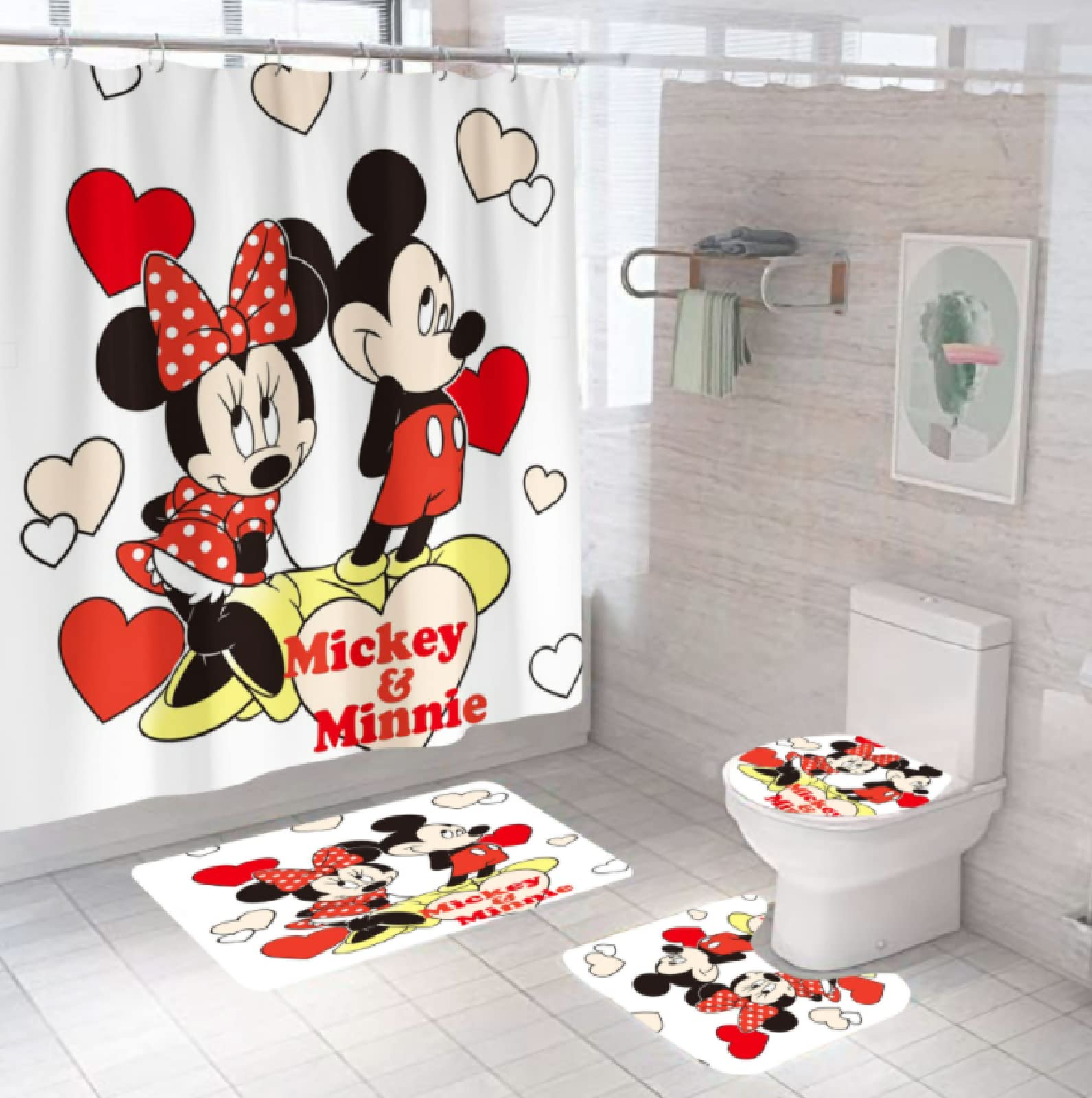 Mickey & Minnie Mouse 4-Piece Shower Curtain Set with Bath Mat & Hooks - Waterproof Fabric Bathroom Decor for Kids & Adults - 72
