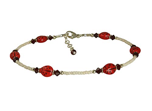 Ruby Crystal Ladybug Beaded Anklet - Elegant Adjustable Ankle Bracelet for Women | Perfect for Summer, Beach, Boho Fashion & Gift Giving