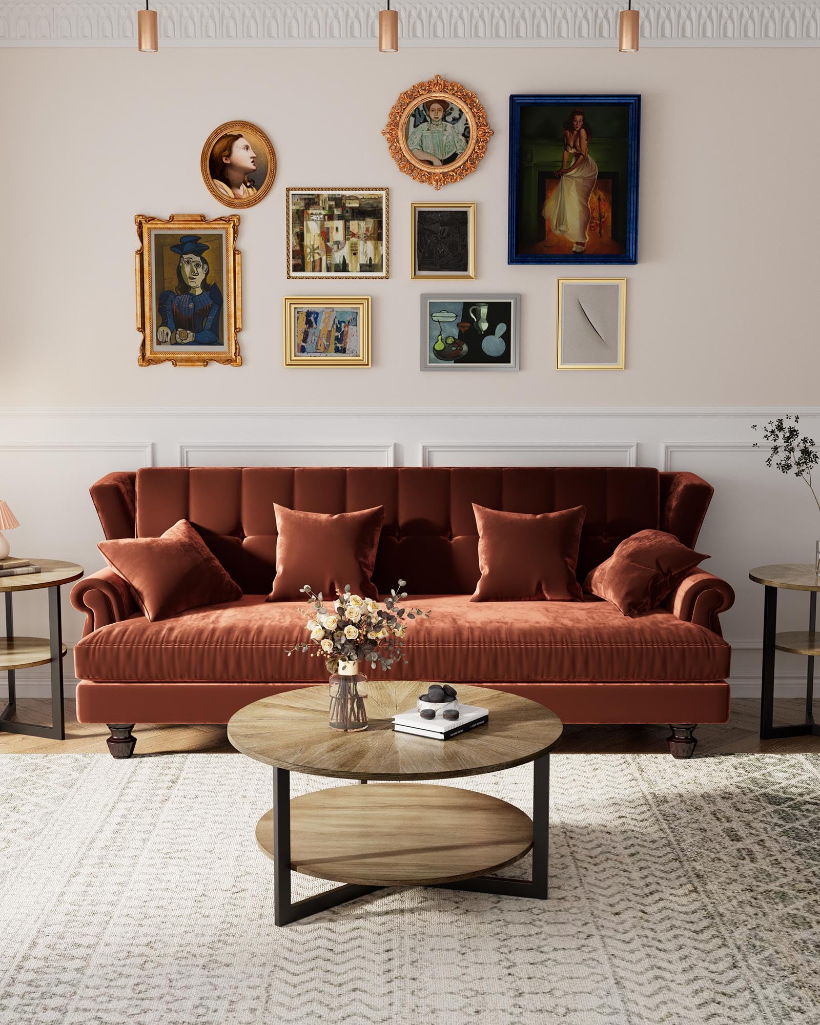 Round Coffee Table for Living Room - 2 Tier Solid Wood Coffee Table with Storage Shelf & Black Metal Legs, 33.5