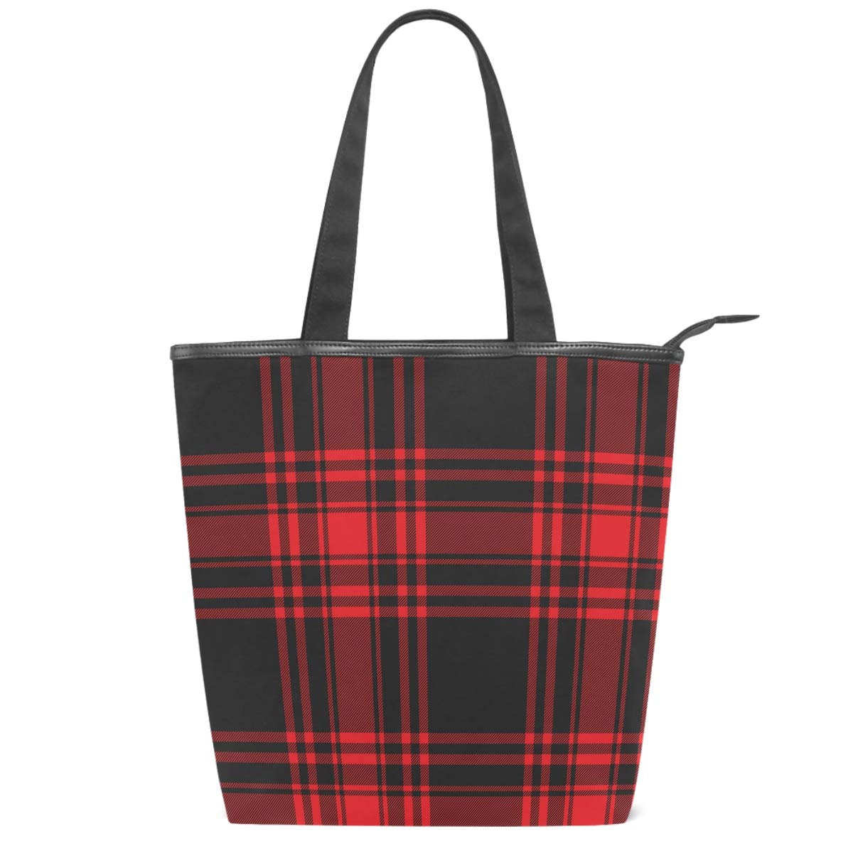 Red Black Plaid Canvas Tote Bag for Women - Christmas Tartan Check Zippered Shoulder Handbag | Eco-Friendly Reusable Grocery Shopping Bag | Perfect for Holiday Gifts, Casual Outings & Sustainable Lifestyle