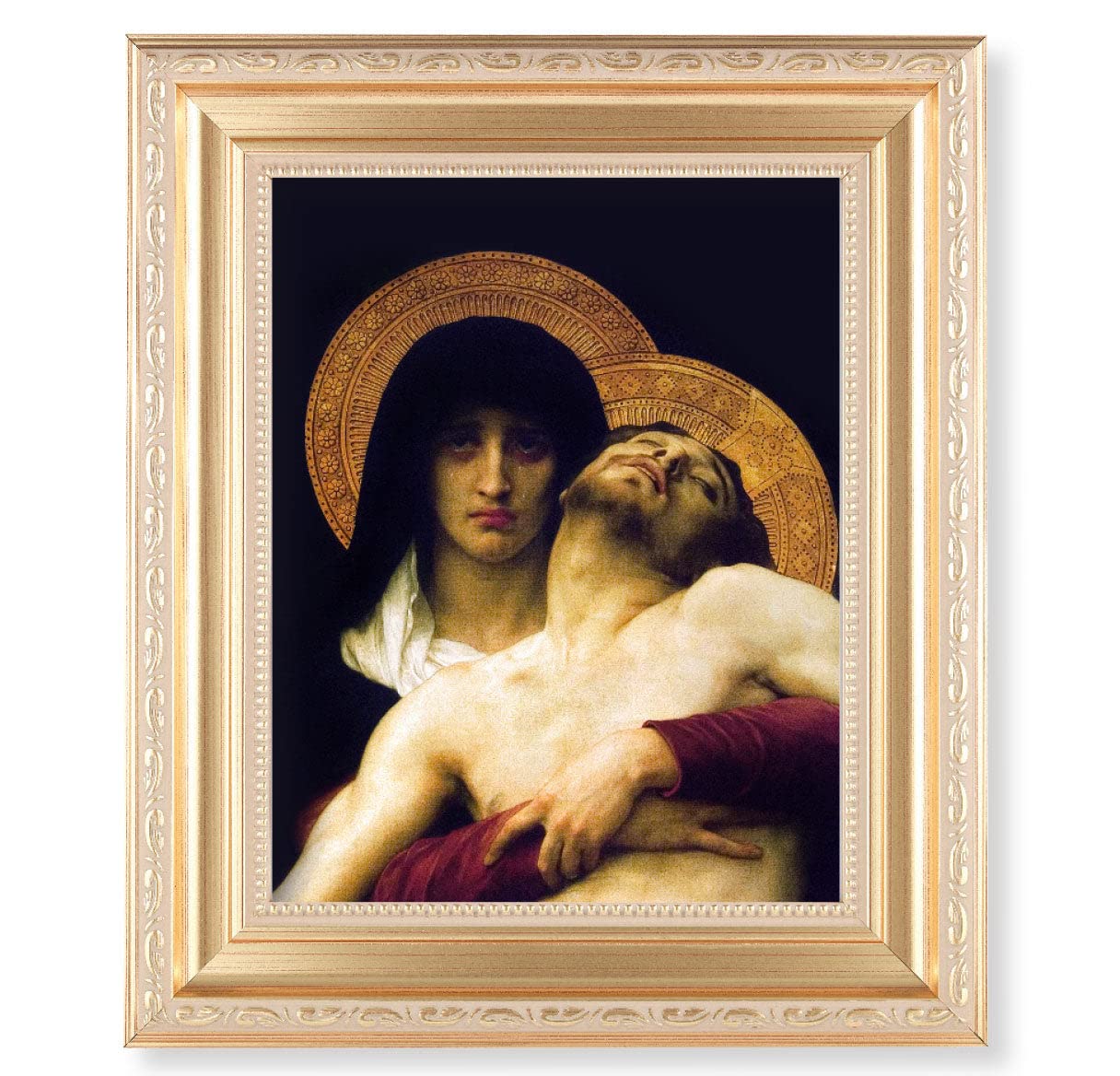 Pieta Picture Framed Wall Art - Large Religious Home Decor with Satin Gold Fluted Frame, Distressed Finish & Detailed Scrollwork - Perfect for Living Room, Bedroom or Church Decorations