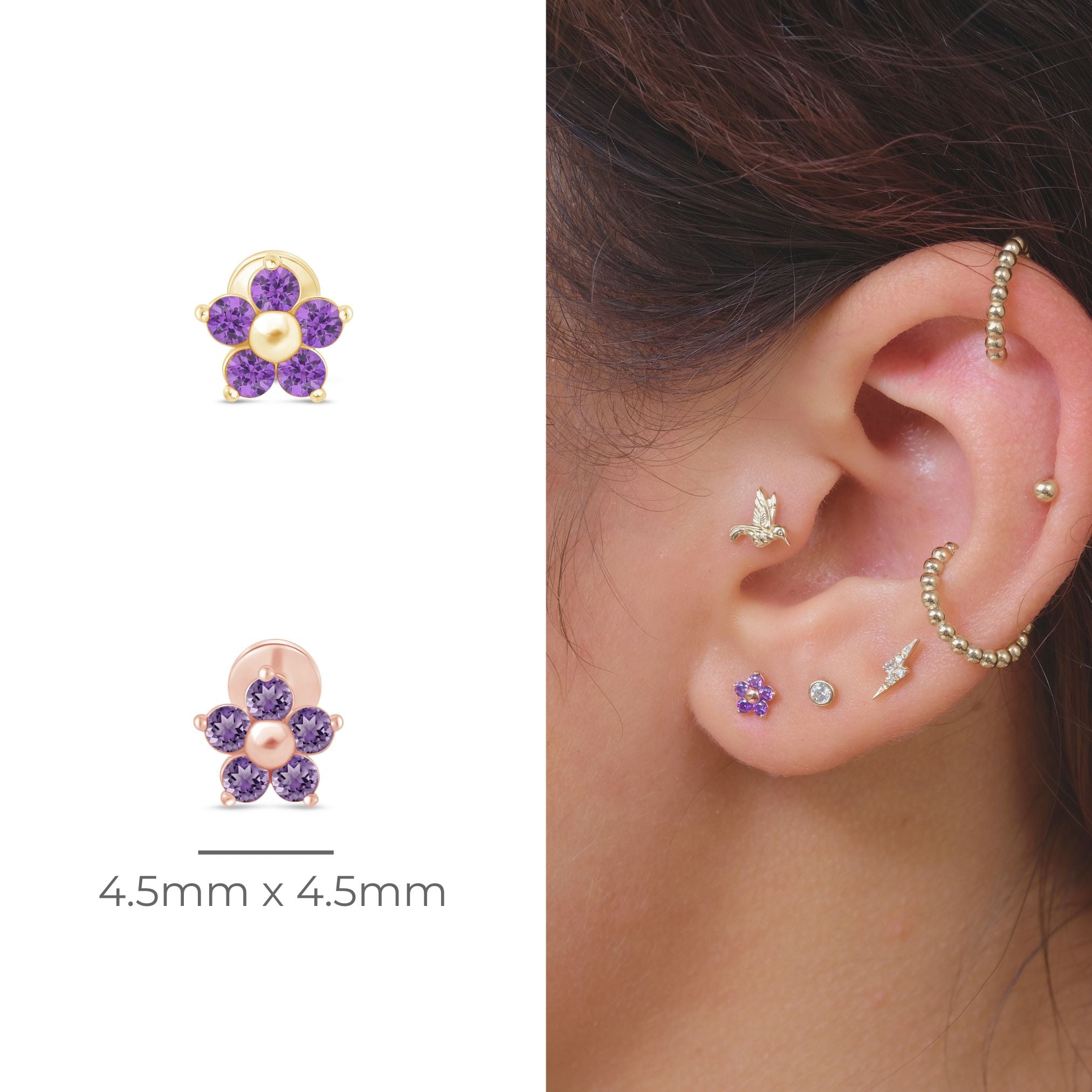 14K Rose Gold Amethyst Flower Stud Earrings for Women - Elegant Floral Jewelry for Everyday Wear, Gifts & Special Occasions