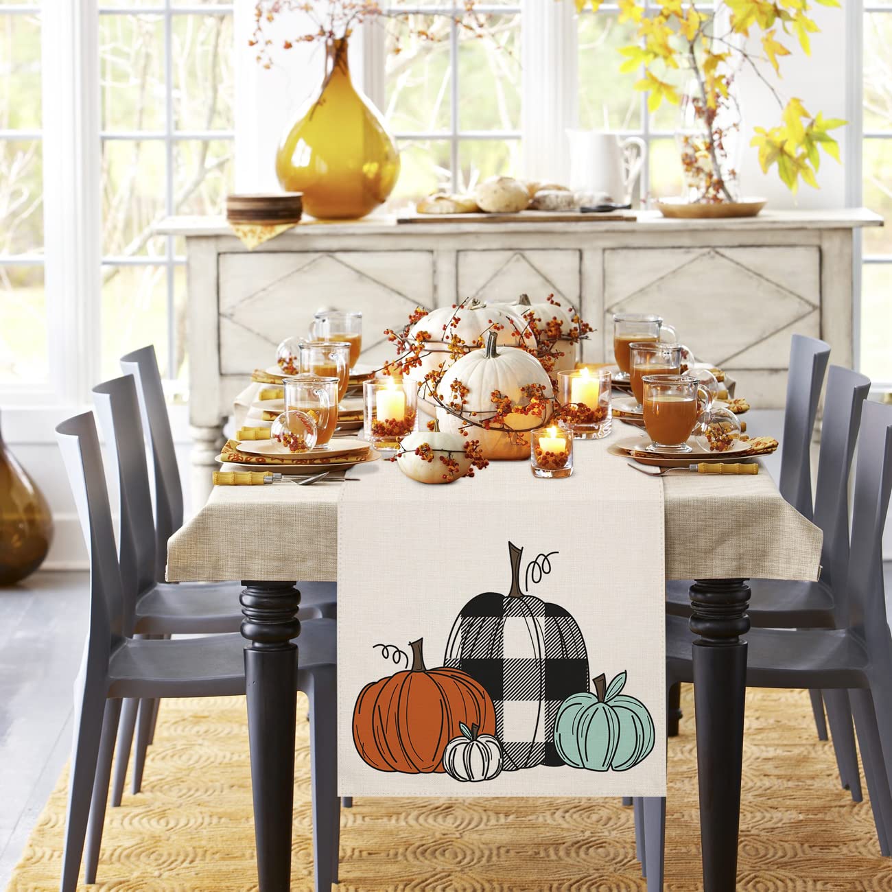 Buffalo Check Pumpkin Table Runner - 13x72 Inch Fall Farmhouse Decor for Kitchen, Dining Table, Coffee Table | Perfect for Autumn Parties, Thanksgiving, Indoor & Outdoor Home Decor (SK006)