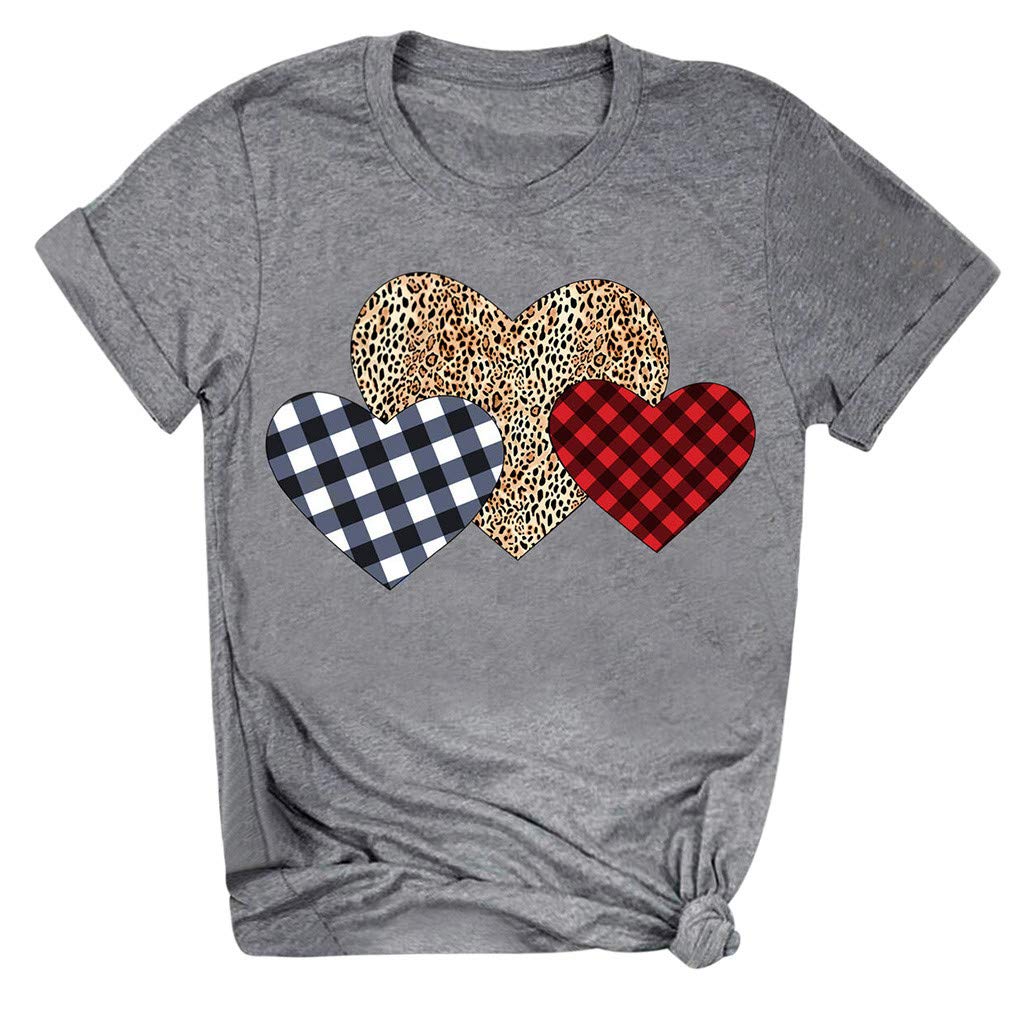 Women's Short Sleeve Graphic T-Shirt - Buffalo Plaid & Leopard Love Heart Print Valentine's Day Top | Casual Wear, Date Night, Gift for Her