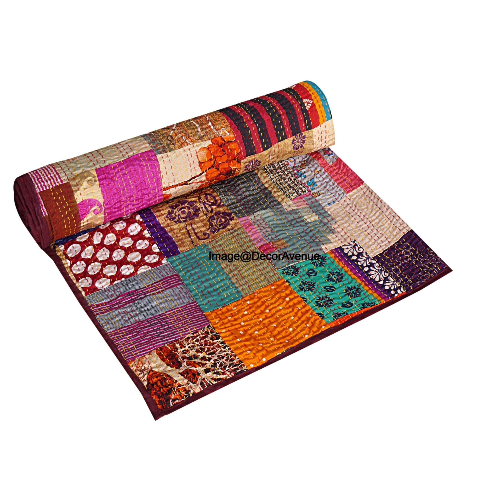 Handmade Silk Patchwork Kantha Quilt - Vintage Hand Stitched Gudri Throw Blanket for Bed, Sofa & Beach - Queen Size 90