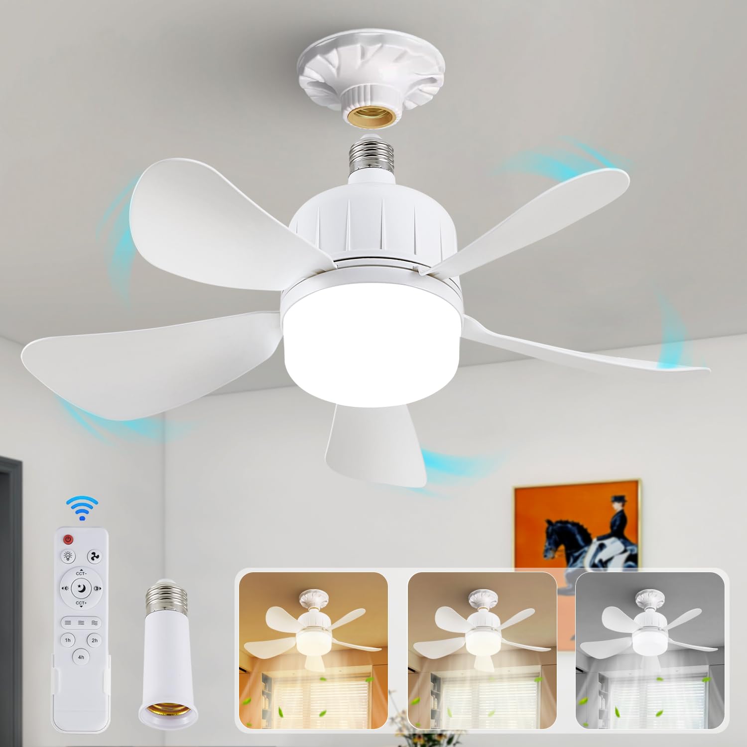 Dimmable LED Ceiling Fan Light Bulb with Remote Control - 3 Color Temperatures (3000K-6500K) - Plug in Ceiling Fan with 1 Socket Extender - White - Perfect for Kitchen, Garage, Bedroom & Home Office Lighting