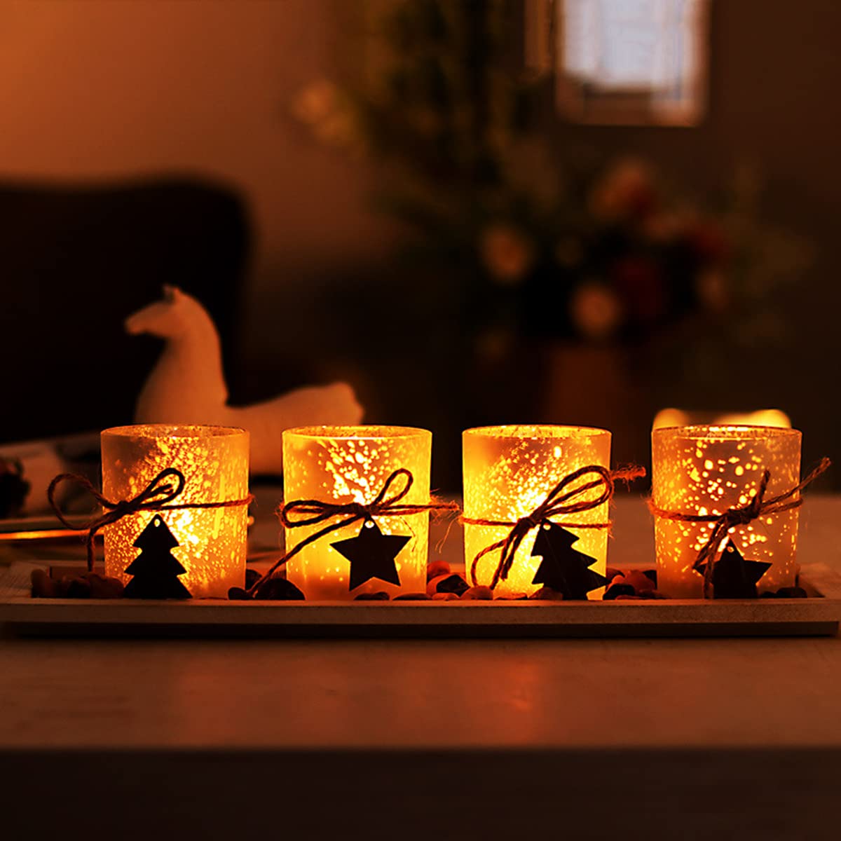 4-Piece Glass Candle Holder Set with Tray - Christmas Tealight Centerpiece for Dining Table & Living Room Decor