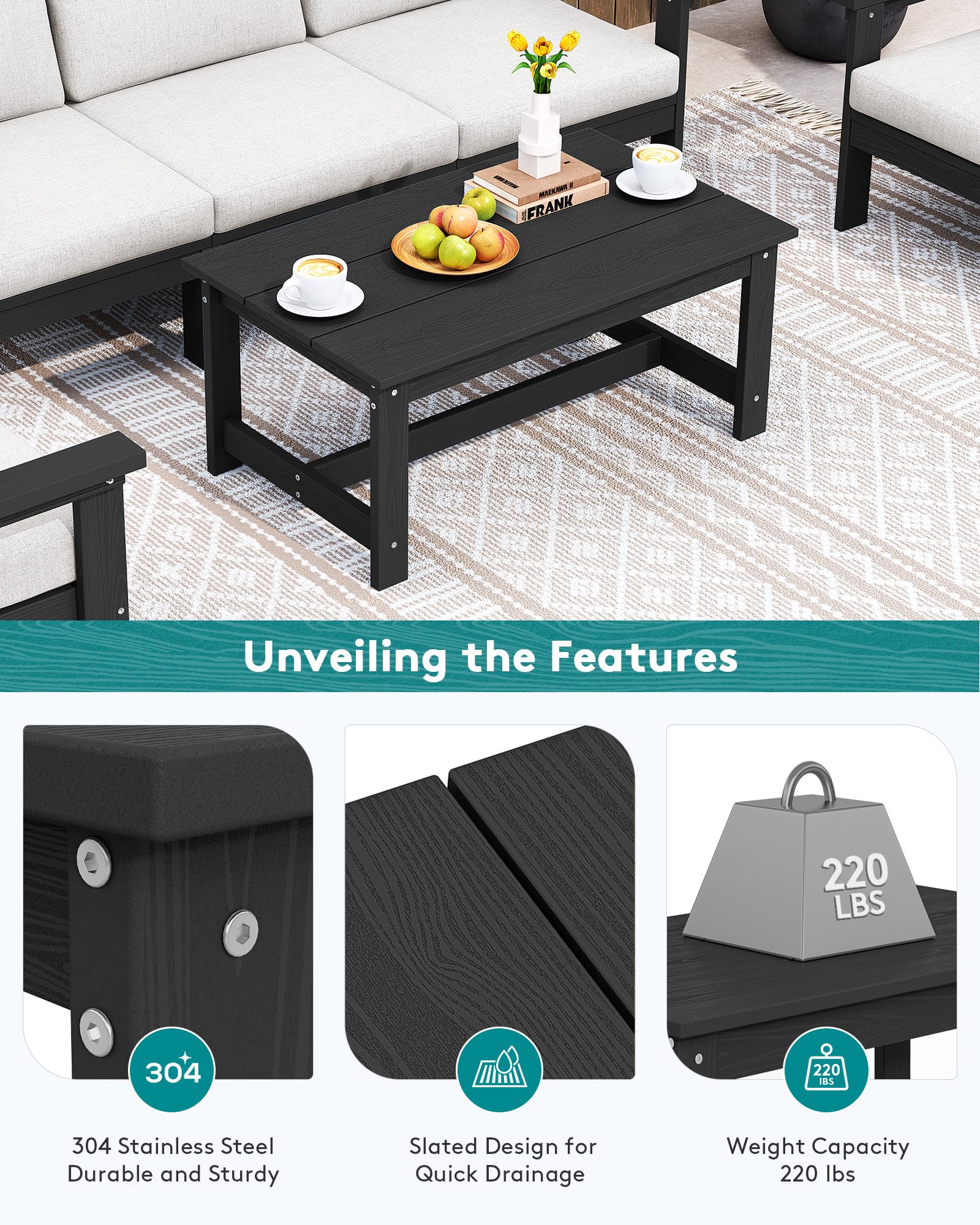 SERWALL HDPE Outdoor Coffee Table - Weatherproof Black Patio Table for Balcony, Deck, Garden & Backyard - Perfect for Relaxing, Entertaining & Outdoor Dining