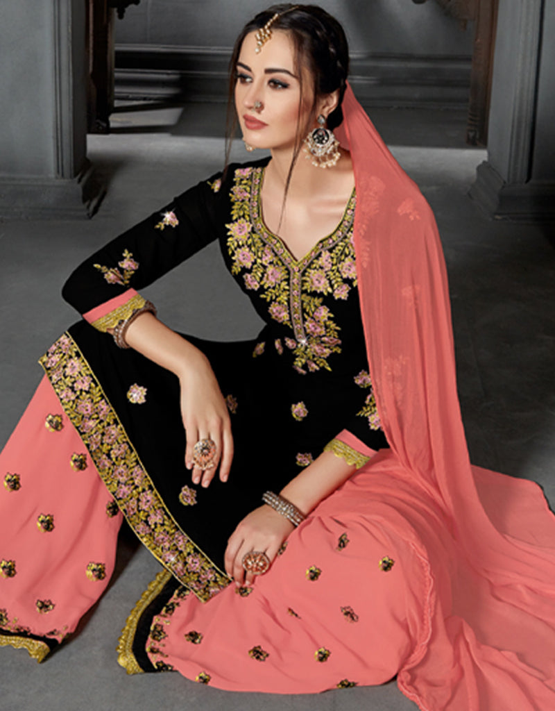 Elegant Black Faux Georgette Palazzo Salwar Suit for Women - Comfortable Indian Ethnic Wear for Weddings, Parties & Festivals