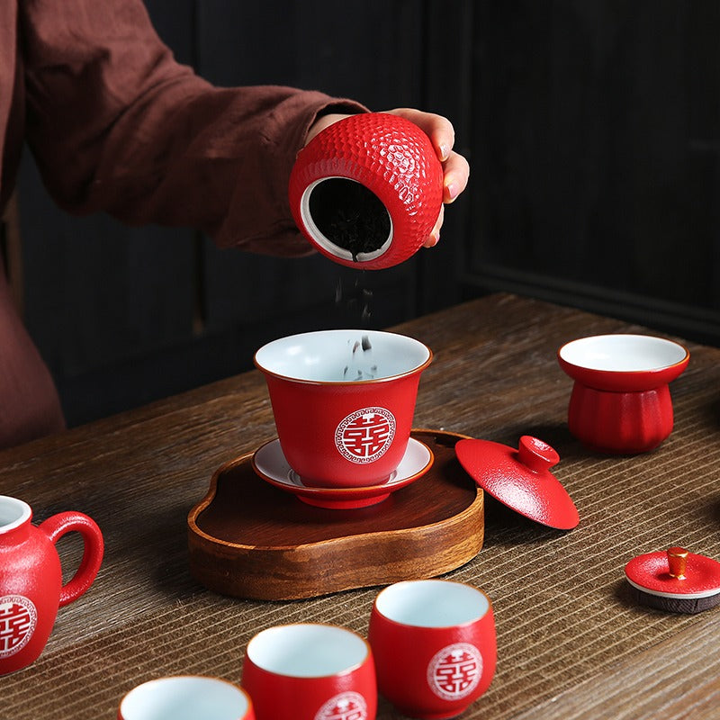 Elegant Chinese Double Happiness Red Wedding Tea Set - Traditional Porcelain Tea Cups & Pot for Wedding Ceremonies, Anniversaries & Special Occasions